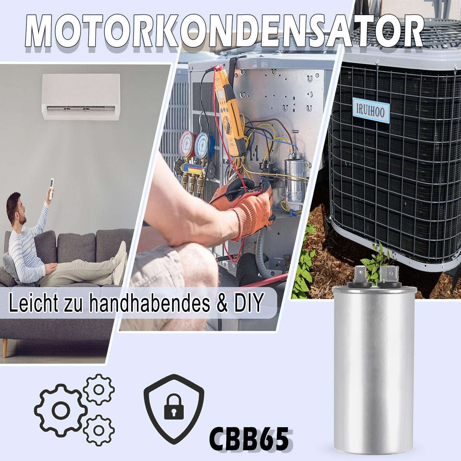 Iruihoo 60uF CBB65 Condensador de motor 450V CA 50/60Hz, 60µF arranque funcionamiento carcasa metálica
