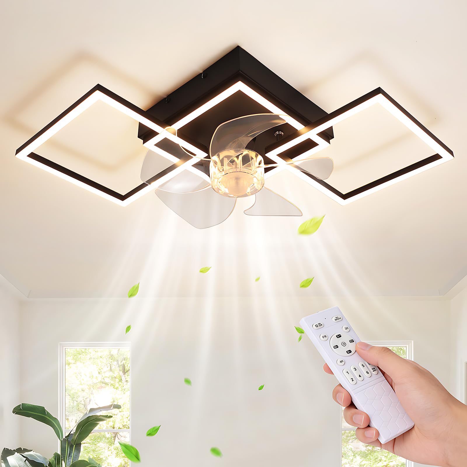 LED Lampka Na Suficie Do Salonu, Wentylator Sufitowy 31W Lampka | Sufitowa z Możliwością Regulacji Jasu, z Falistą, Cichy Wentylator z Oświetleniem, Duży Timer 6 Poziomów do Pokoju, Kuchni