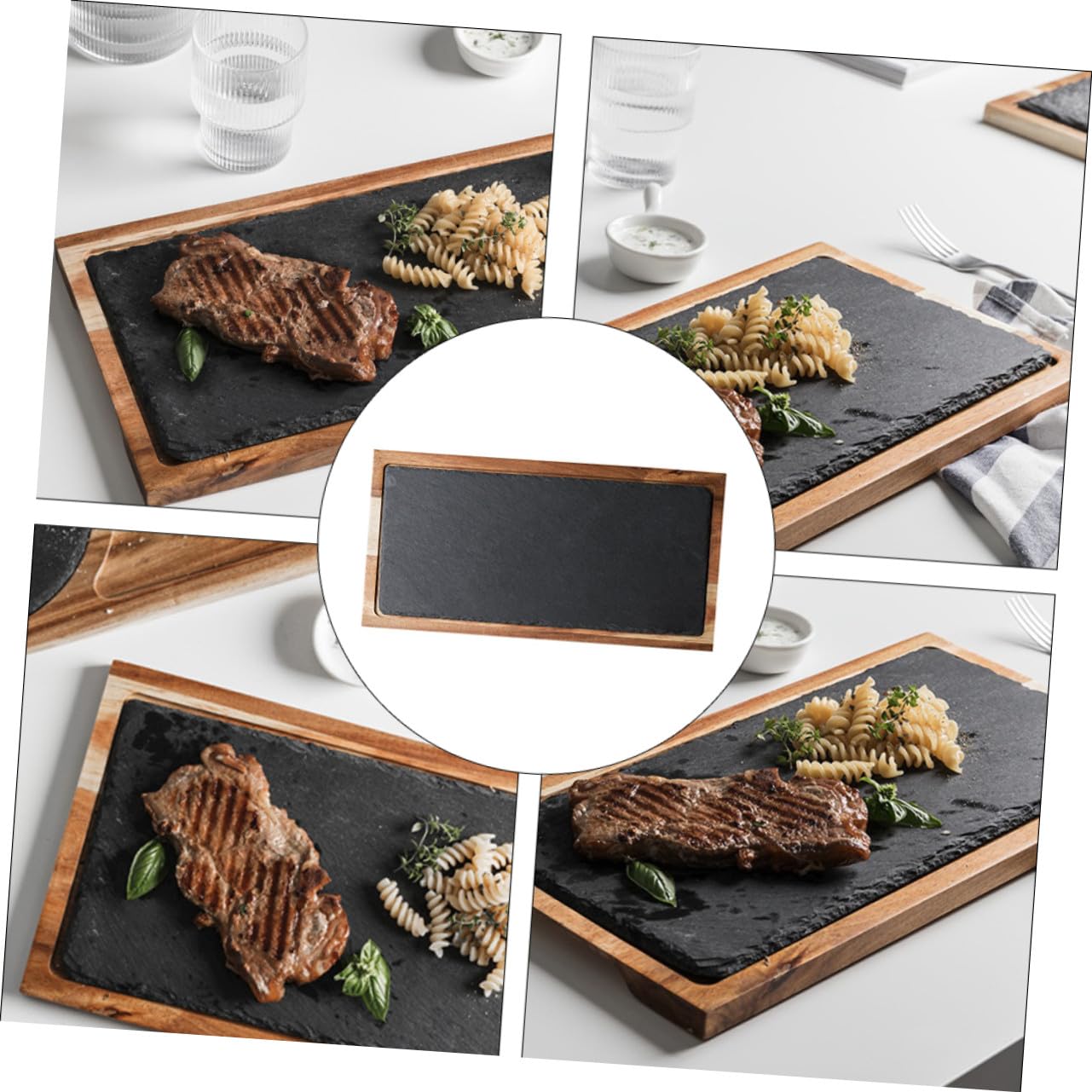 Plato de degustación multifuncional de madera de acacia negra, pizarra natural, para presentaciones de sushi y uso en restaurantes.