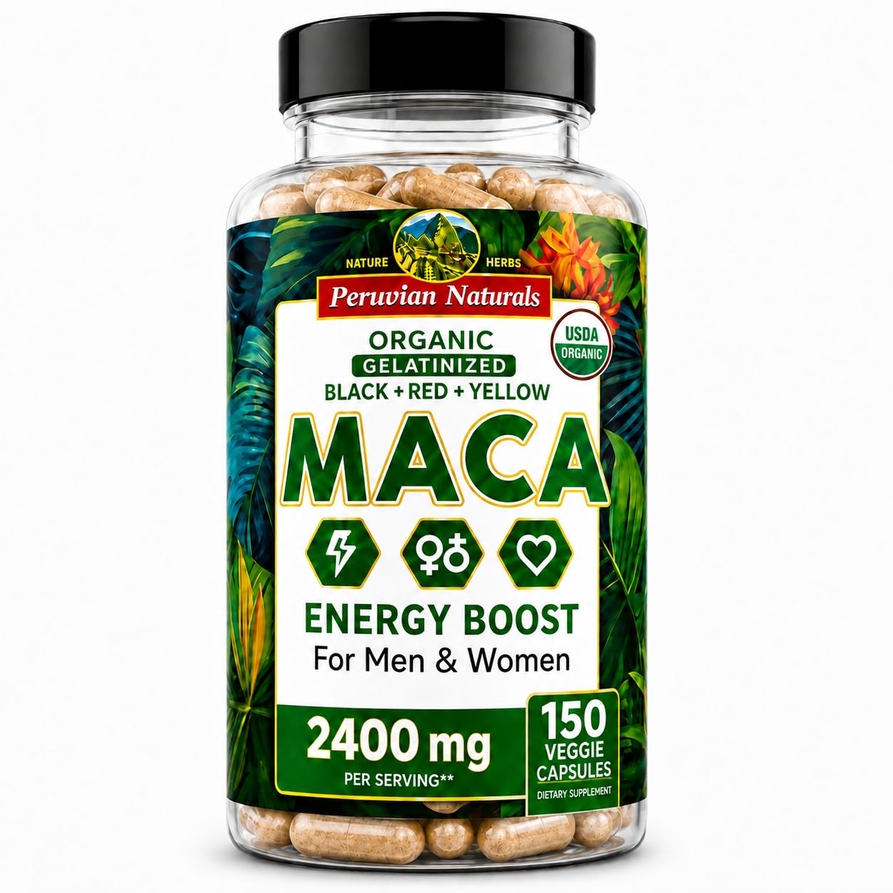 Peruvian Naturals Suplemento de Maca Peruana Orgânica 2.400 mg 150 cápsulas