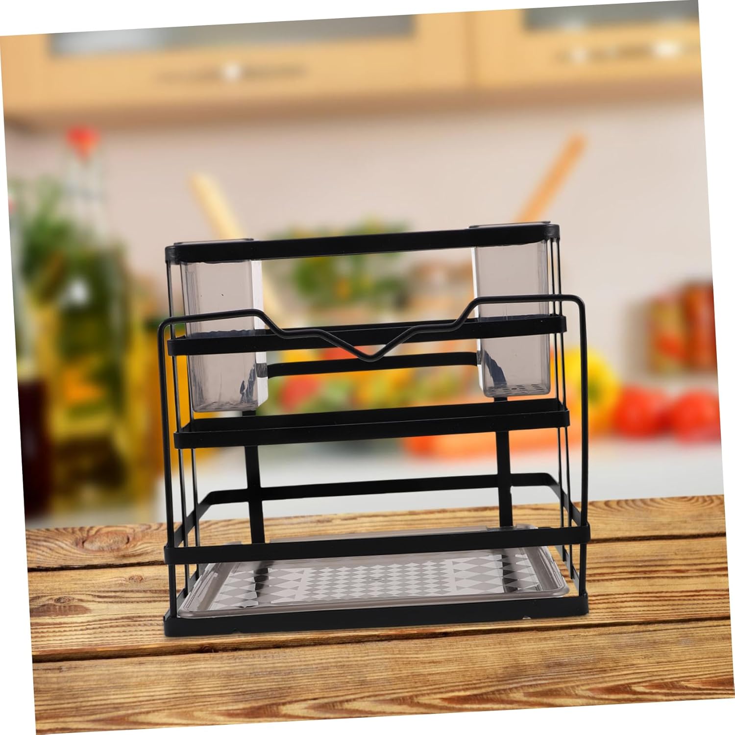 1pcs Kitchen Sink Organizer Removable Drain Tray Multi-functional Carbon Steel Knife Holder and Cutting Board Rack for Countertop Storage Elegant Black Design for Utensils and