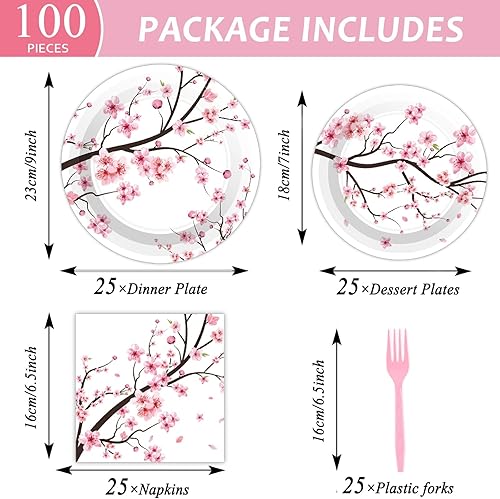 Miniatura 2 de Juego de 100 piezas de suministros de fiesta de cerezo en flor de cerezo, platos y servilletas para fiesta de cumpleaños, paquetes de vajilla para