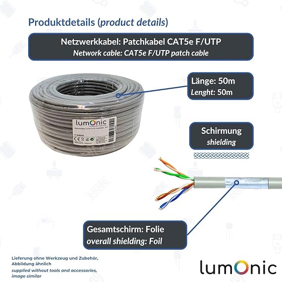 Lumonic 50 m Network Cable CAT 5e F/UTP I CAT5e Cable Gigabit LAN Cable Ethernet Cable I Flexible Patch Cable Shielded for Indoor Use up to 100 MHz