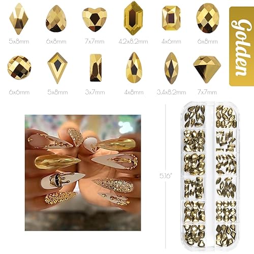 Miniatura 2 de 120 diamantes de imitación dorados metálicos para uñas, 12 formas, gemas grandes con parte trasera plana K9, piedras de vidrio para arte de