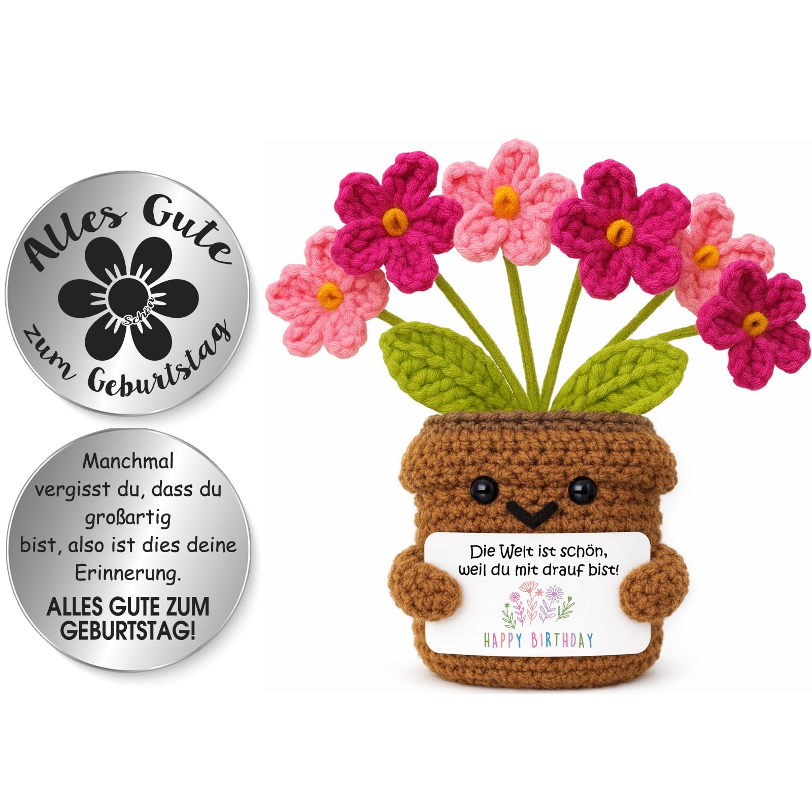 Tixlux Geburtstagsgeschenk für Frauen, Handgehäkelte Herzblume mit Energiekarte, Happy Birthday Geschenk für Freundin, Mama, Schwester, Kollegin, Kleine Aufmerksamkeit Rosa