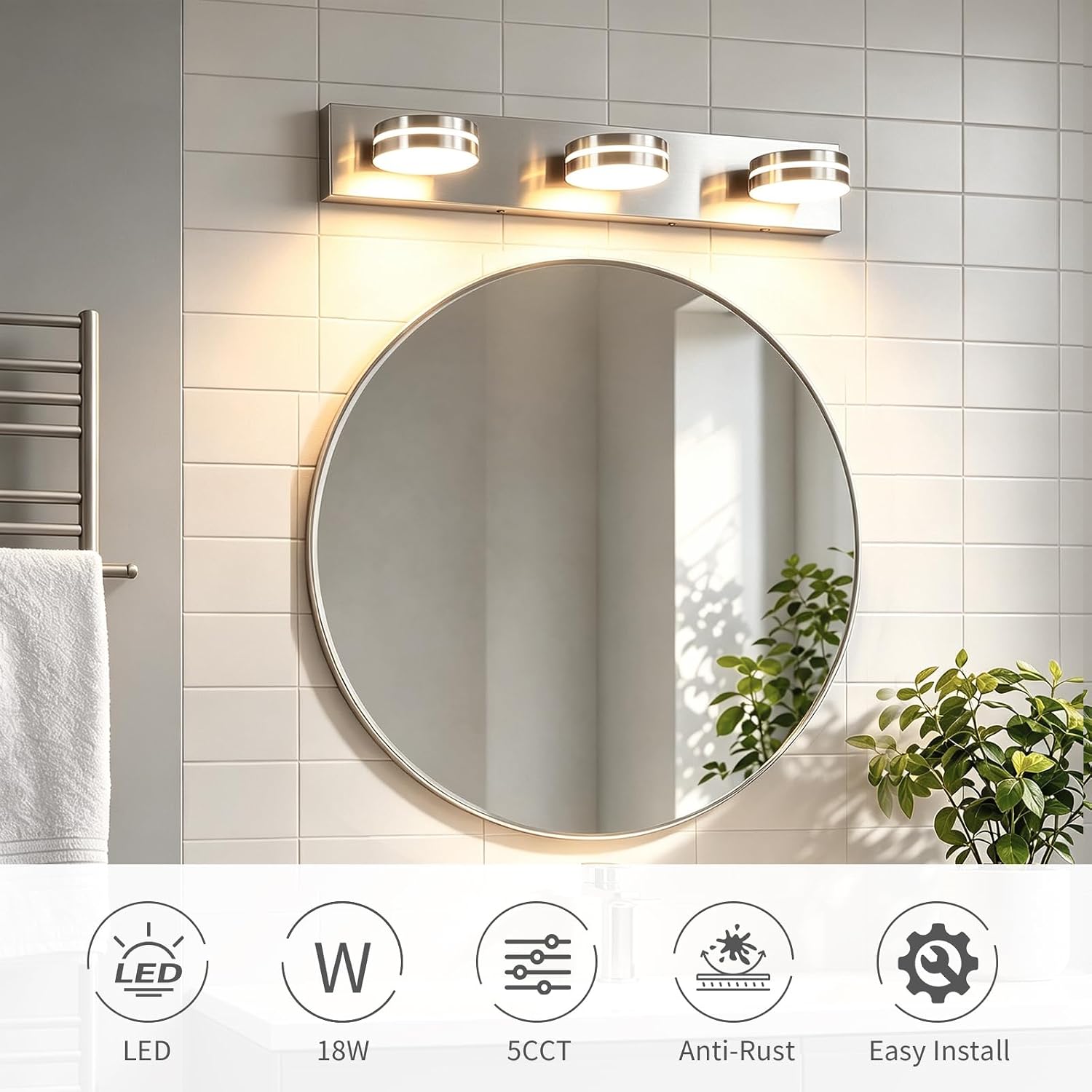 3 Light Bathroom Light Fixtures 23.62in Brushed Nickel Vanity Light image 5