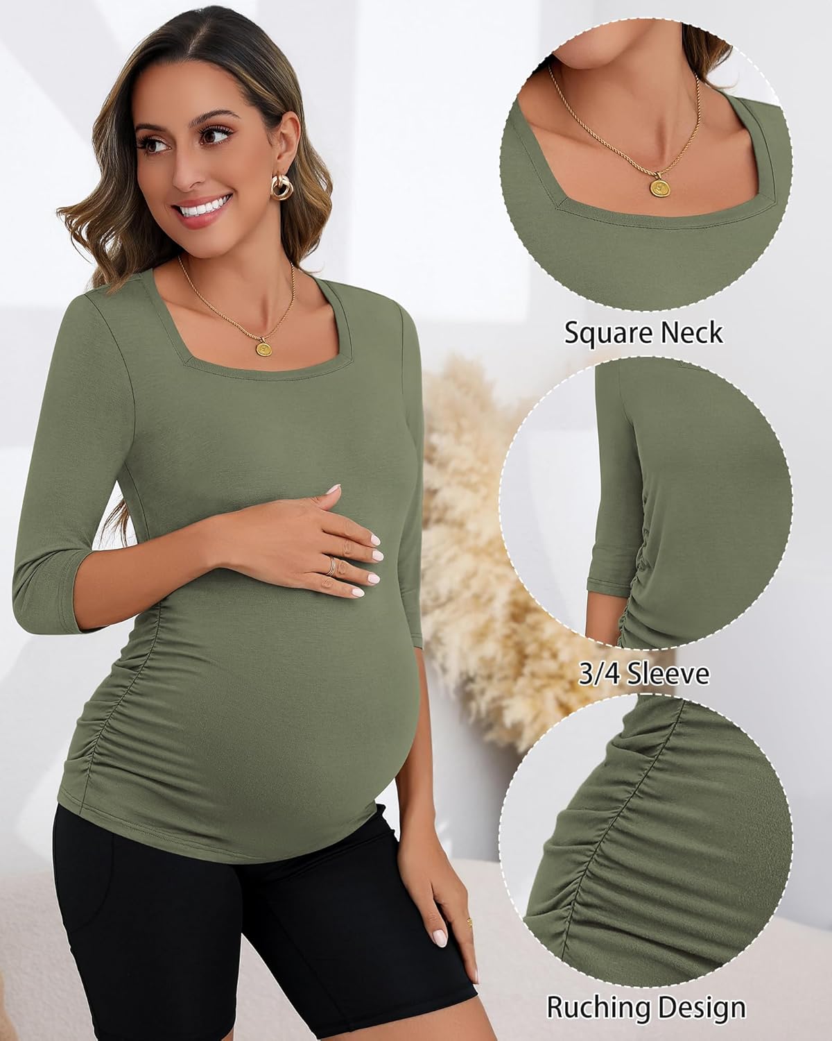 Ficerd 3 Pack Maternity Top 3/4 Sleeve Basic Square Neck Maternity T Shirt Ruched Pregnancy Blouse - Image 6