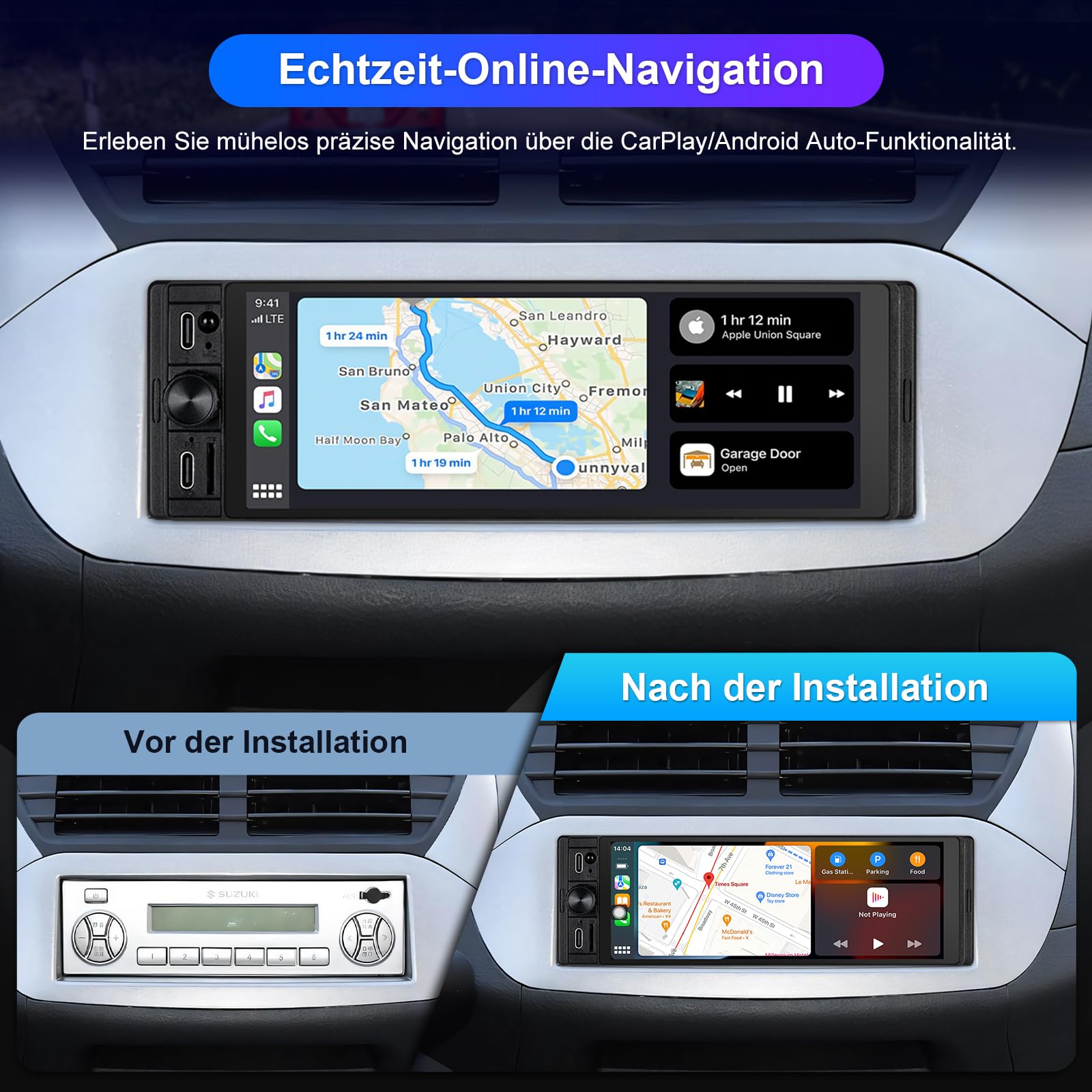 1 DIN Radio Kompatibel mit Wireless CarPlay & Android Auto, Autoradio 1Din mit 6,28 Zoll HD Bildschirm, Navi, Bluetooth, AM/FM/RDS, TF, AUX, SWC