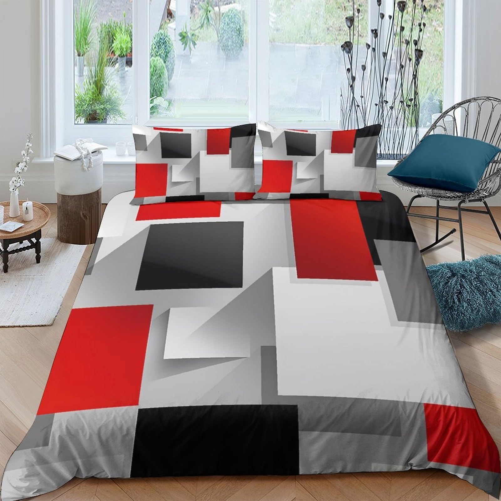 P5V6M1Q9 3D Printed Geometric Red Black Duvet Cover Microfiber with Grey White Blocks Bedding Set 2 Pillowcases for Bedroom Decor Single（135x200cm）