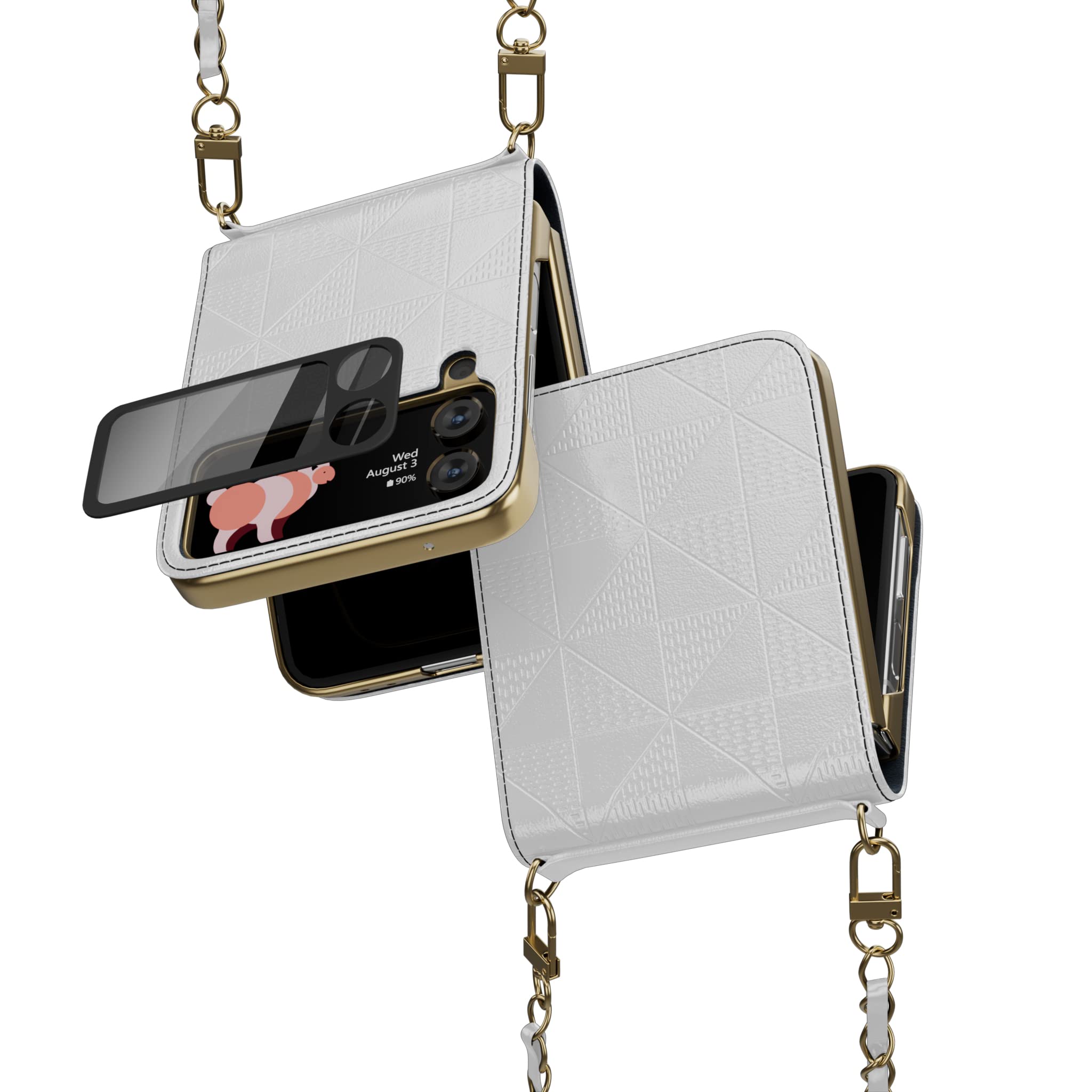 Phone Case Compatible with Samsung Galaxy Z Flip 4 5G (2022) with Metal Bowl Strap, Hinged Protective Leather Case with Lens Protection - Electroplated TPU Edge for Women - White