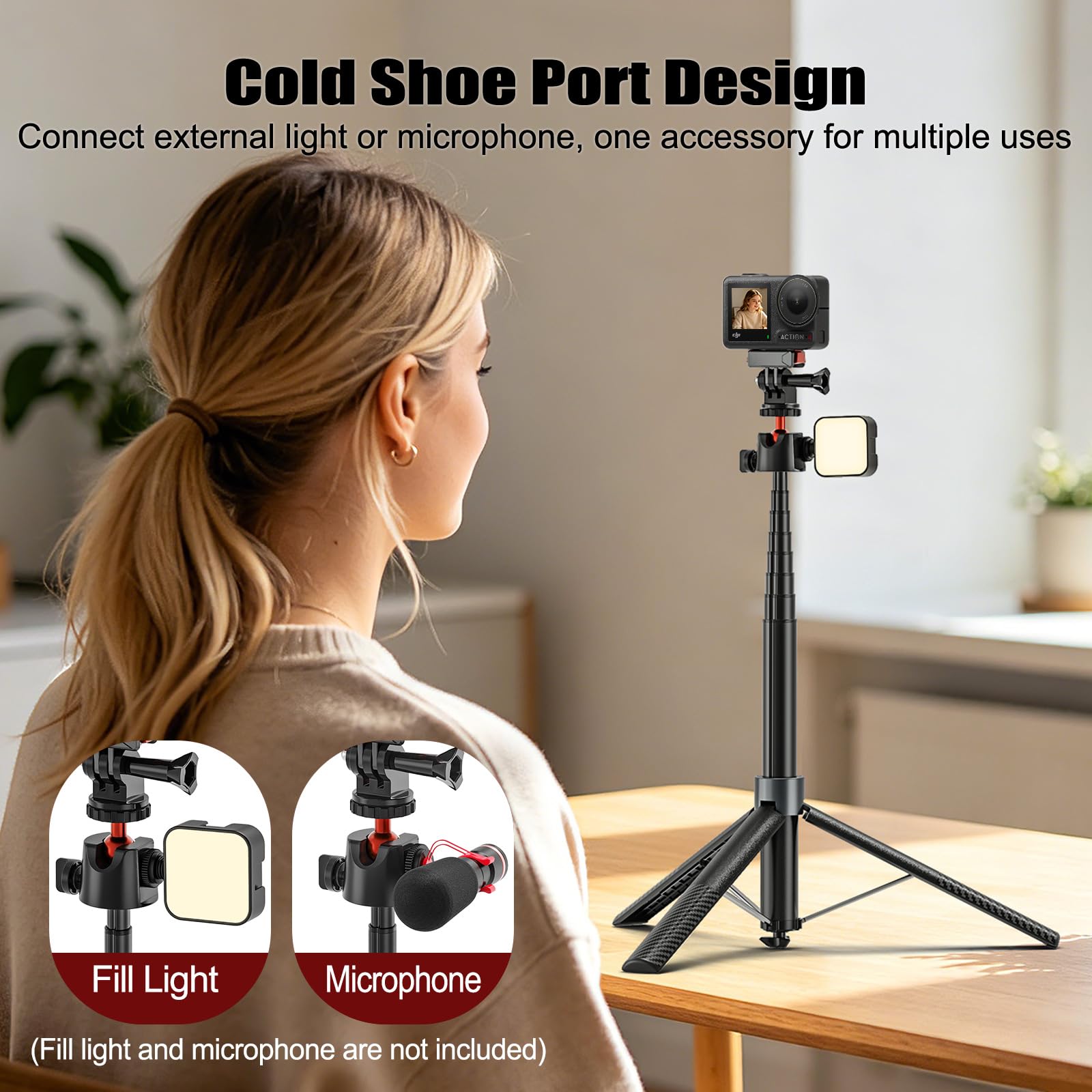 Bastone Selfie Treppiede 170cm per DJI Osmo Pocket 4 3 DJI Action 5 Pro/4 Insta 360 X5 X4 GoPro Hero 13/12/11/10 Black, Selfie Stick Treppiede da Viaggio/Supporto/Accessori 2-in-1 per Action Cam