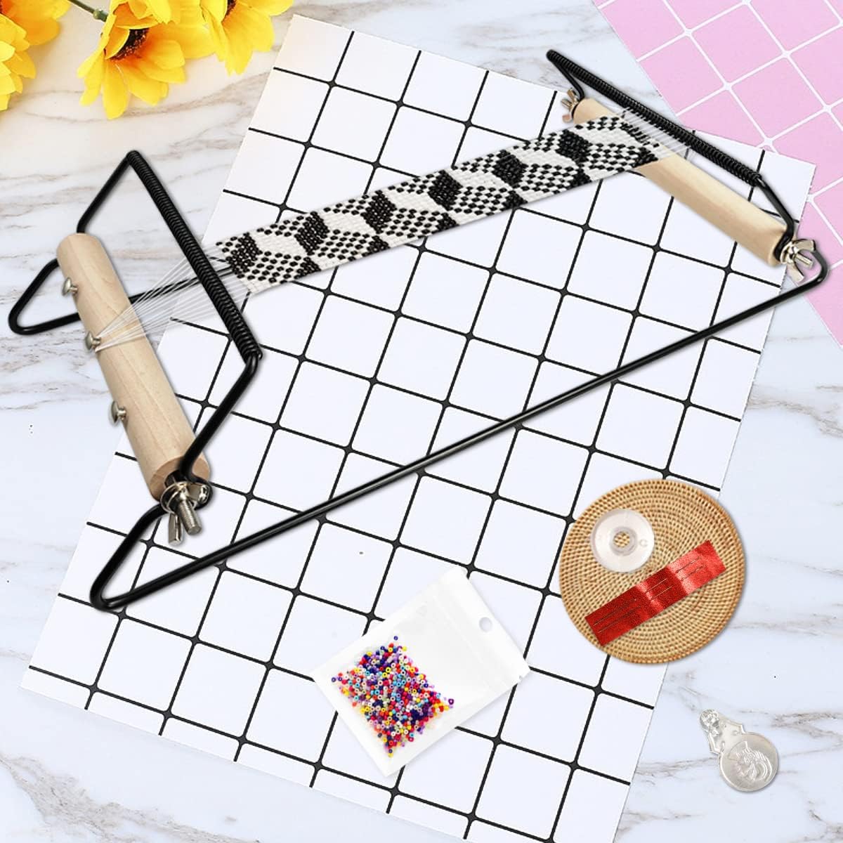 The Hobbyworker Large Metal Bead Loom Kit Beading Supplies with Cotton Thread,Needles,Needle Threader and 30 Grams Glass Seed Beads for Jewelry Bracelets Necklaces Belts Making