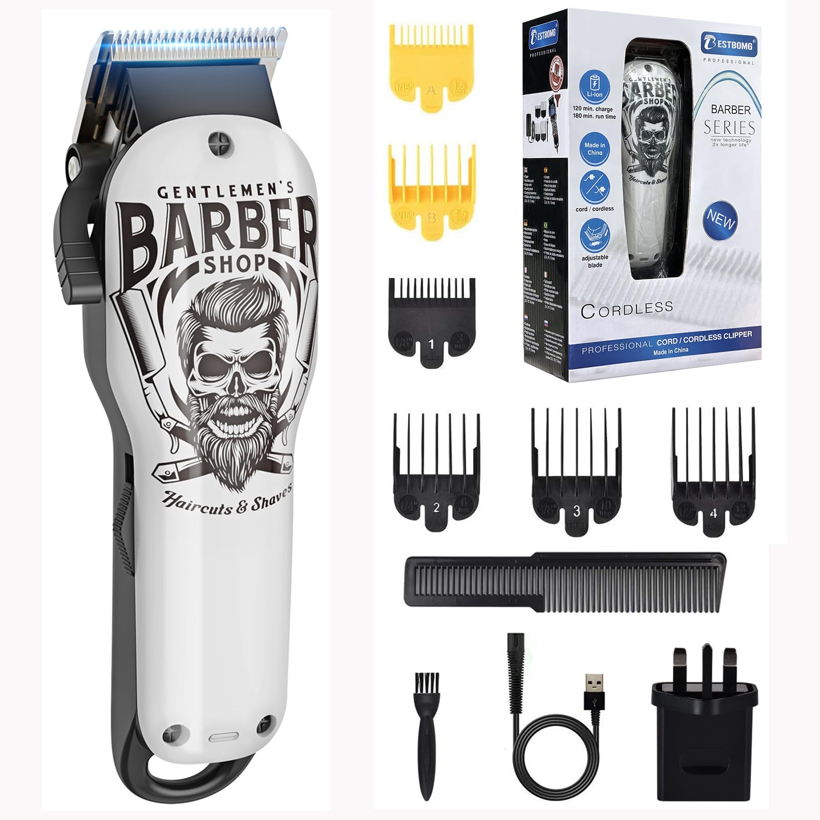 BESTBOMG Hair Clipper Men Haircut Machine, Hair Trimmer Professional Graffiti Cordless Electric Shaver 5800RPM Ceramic Blade 2000mAh Rechargeable Battery Light Indicator for Men and Family