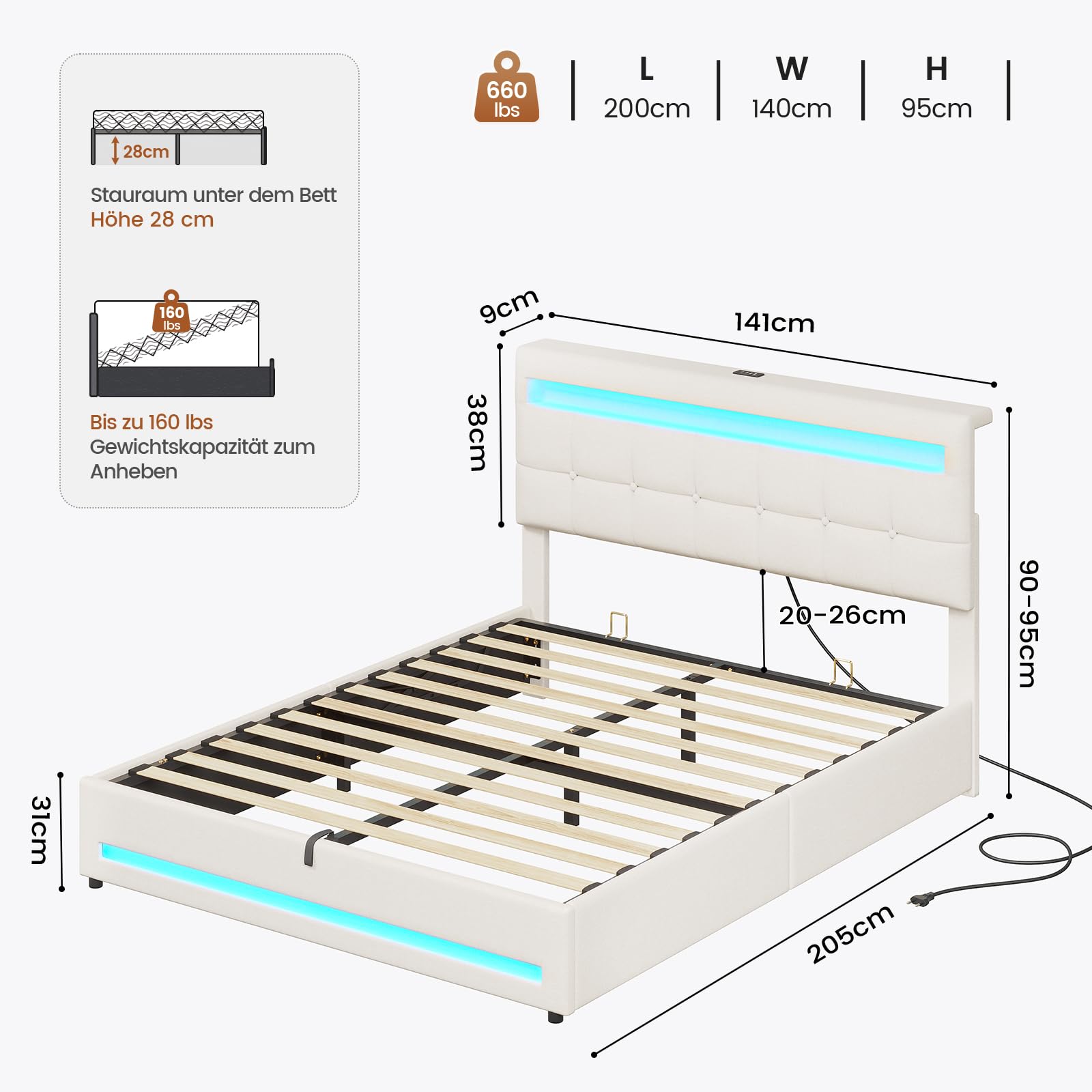 AOGLLATI Polsterbett 140 x 200 mit LED Beleuchtung und Ladestation, Bettgestell mit Höhenverstellbares Kopfteil und Stauraum, Hydraulisches Bett 140 x 200 cm,Lattenrost, Linen,Ohne Matratze,Beige