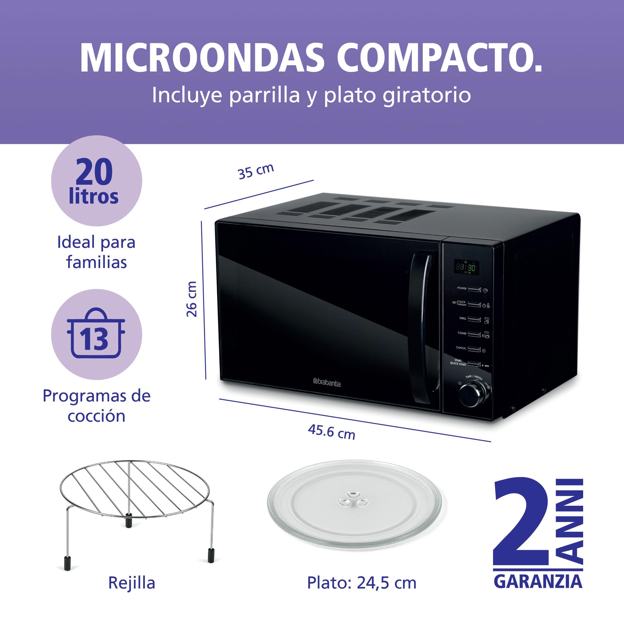 Microondas Brabantia con Función Grill, 20 Litros, Libre Instalación, 13 Programas Automáticos, 6 Niveles de Potencia, Temporizador Digital, Gran Capacidad, 700W, Negro, BBEK1145DG