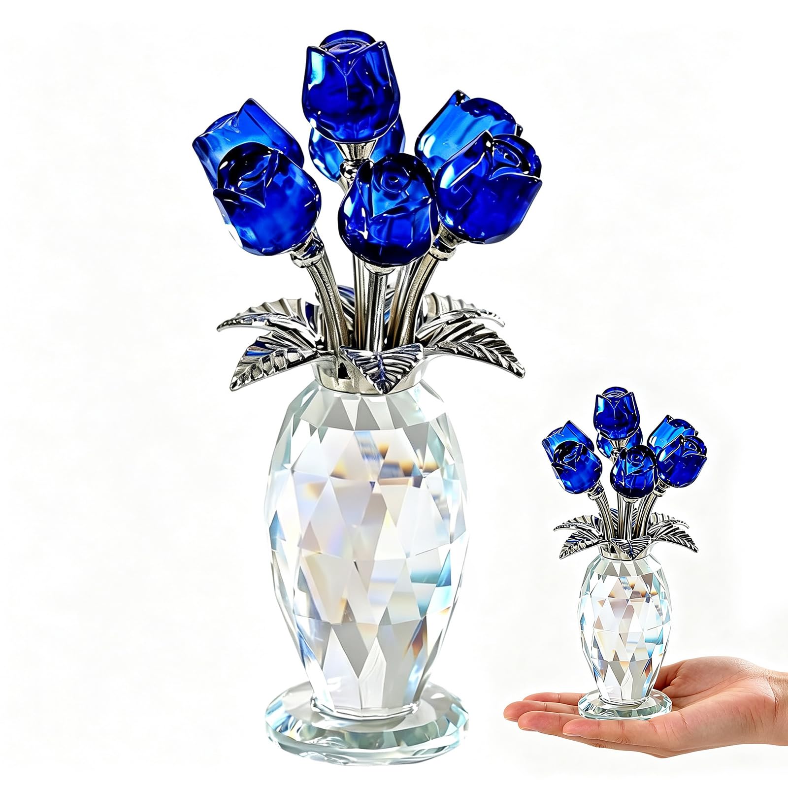 Blue Crystal Rose Figurine, Handmade Glass Flower Collectible Ornament, Crystal Ornaments for Home Office Tabletop Collectible Gifts for Valentine's Day Wedding Anniversary Mother's Birthday