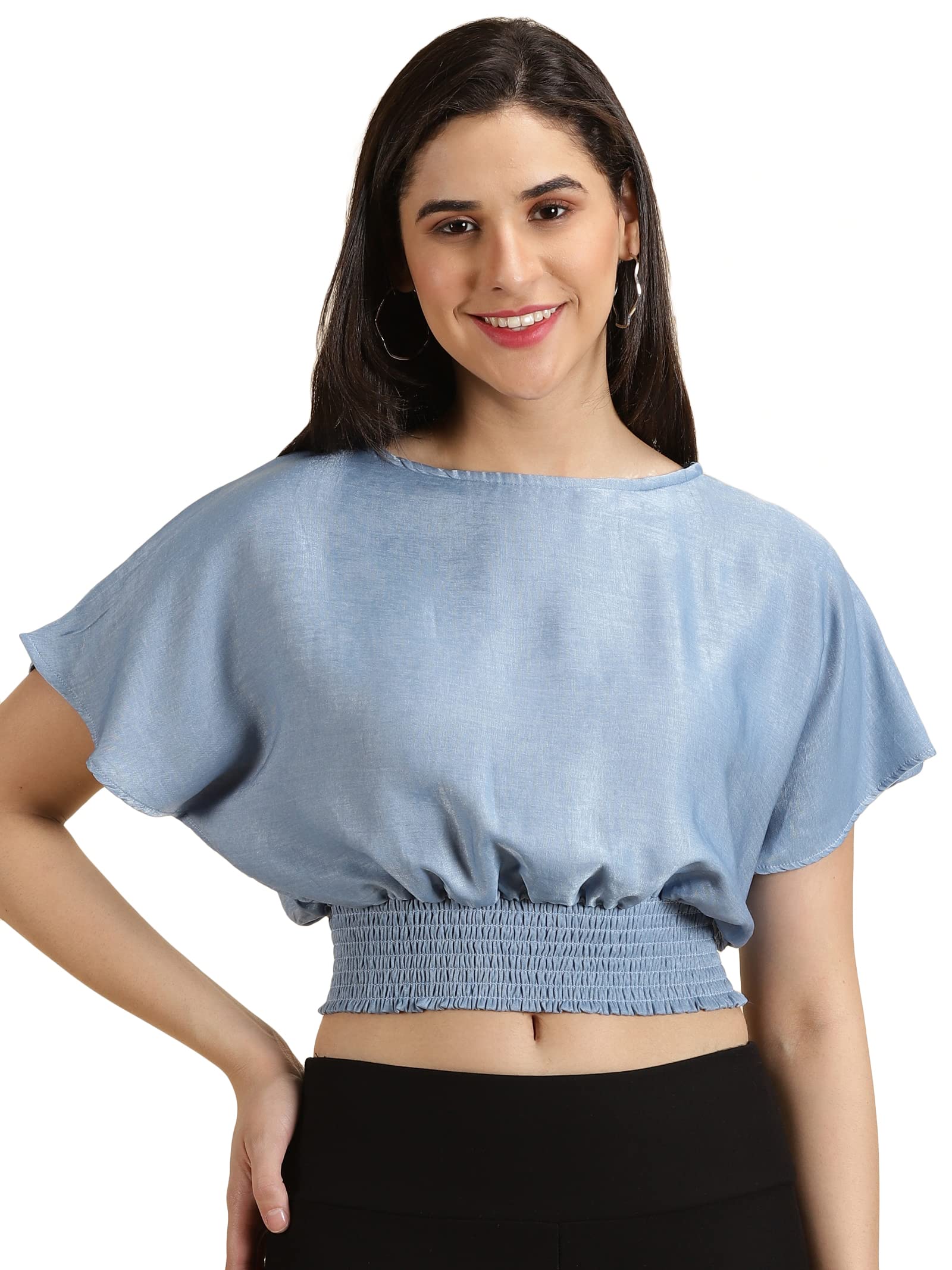 Women's Solid Boat Neck Blue Cinched Waist Crop Top-AE-10591_Blue