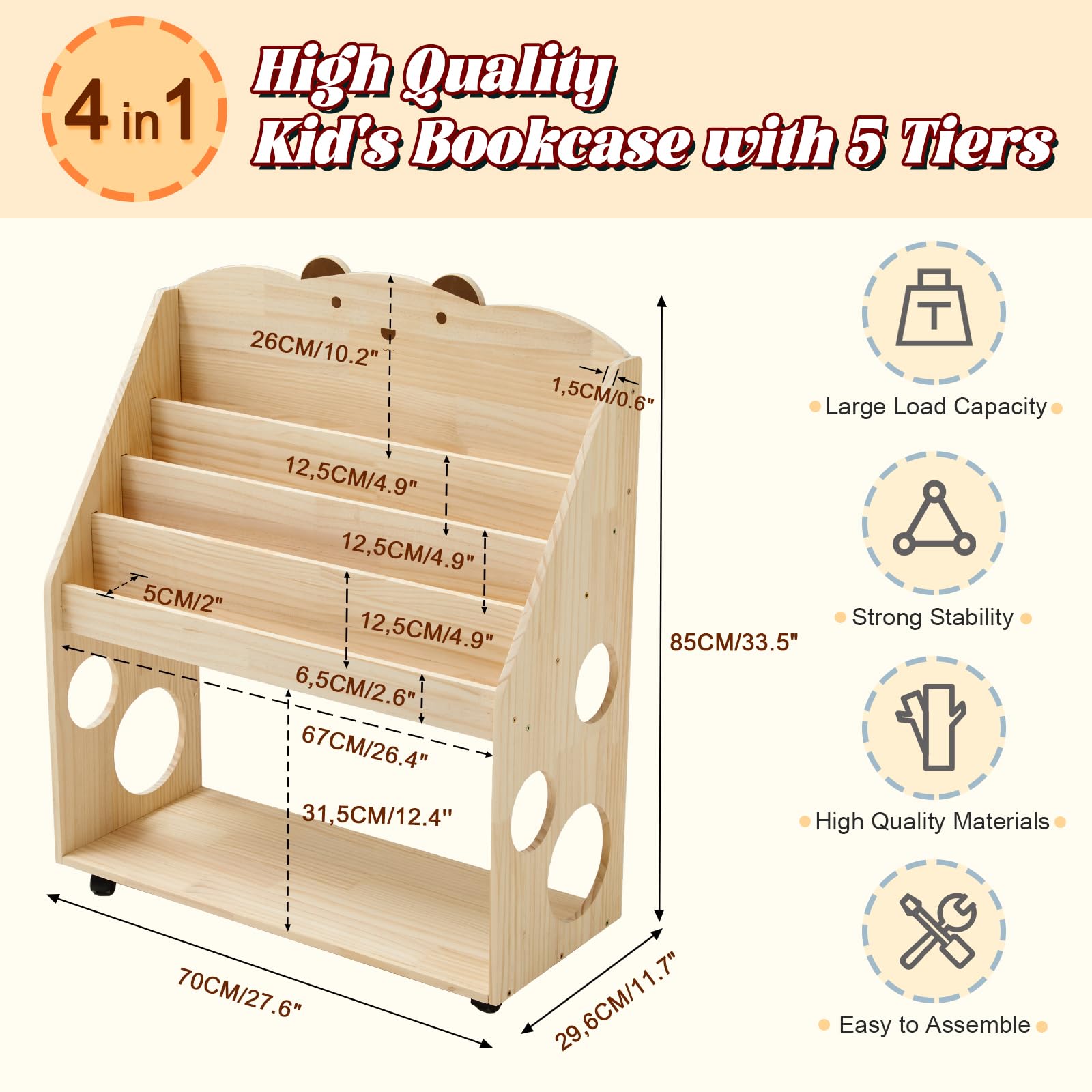 Kinder Bücherregal Montessori mit Rollen & Tafel, 5-stöckiges Kinderregal Kinderbücherregal Kinderzimmer, Bücher Kinder Regal aus Holz, Spielzeugregal Aufbewahrungsregal Natur