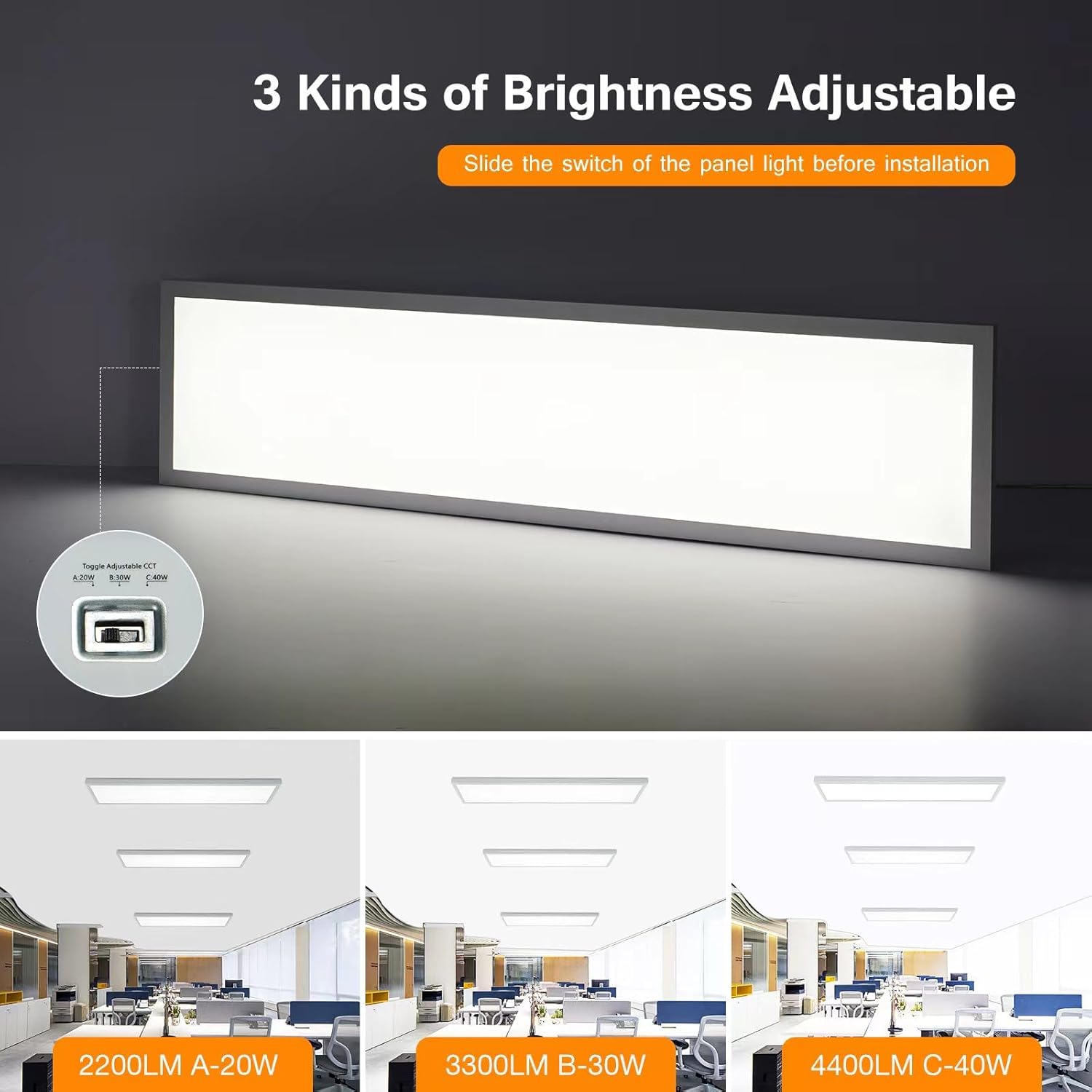 2-Pack 1x4 FT Surface Mount LED Panel Light, 0-10V Dimmable, 40W-30W-20W & 3000K-4000K-5000K Selectable, Bright 4400LM, for Kitchen, Shop, 100-277V, ETL Listed, White