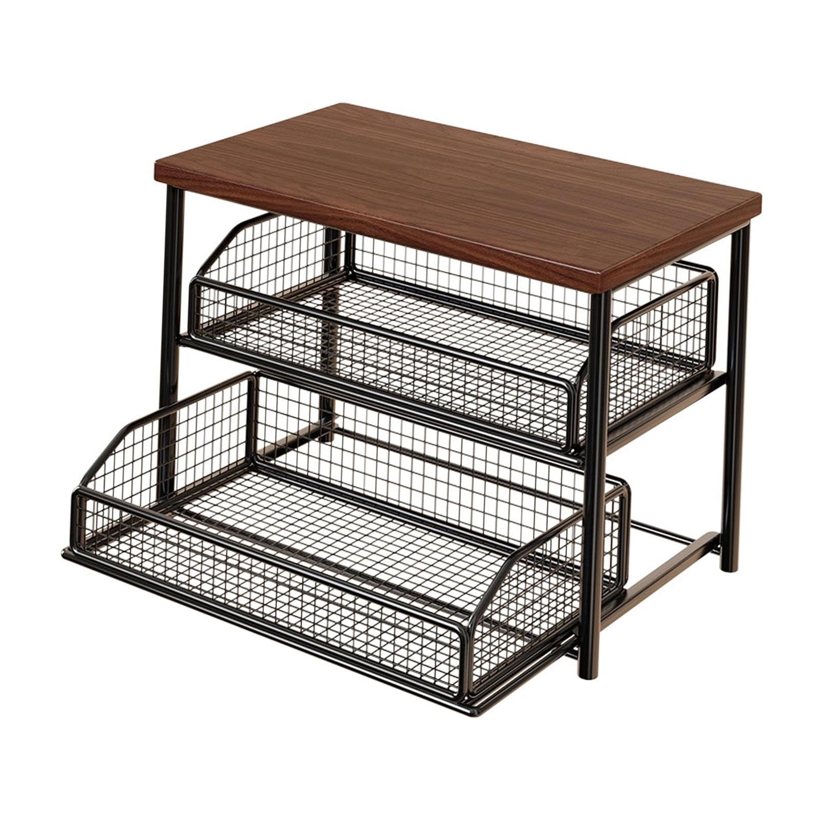 Sharplace Organizador de Cafetera Estante de Barra de Café para Encimera, Soporte para Tazas y Accesorios Cocina de 2 Pisos Madera Hierro Cajón Extraíble Adecuado para Uso Doméstico Oficina, Negro