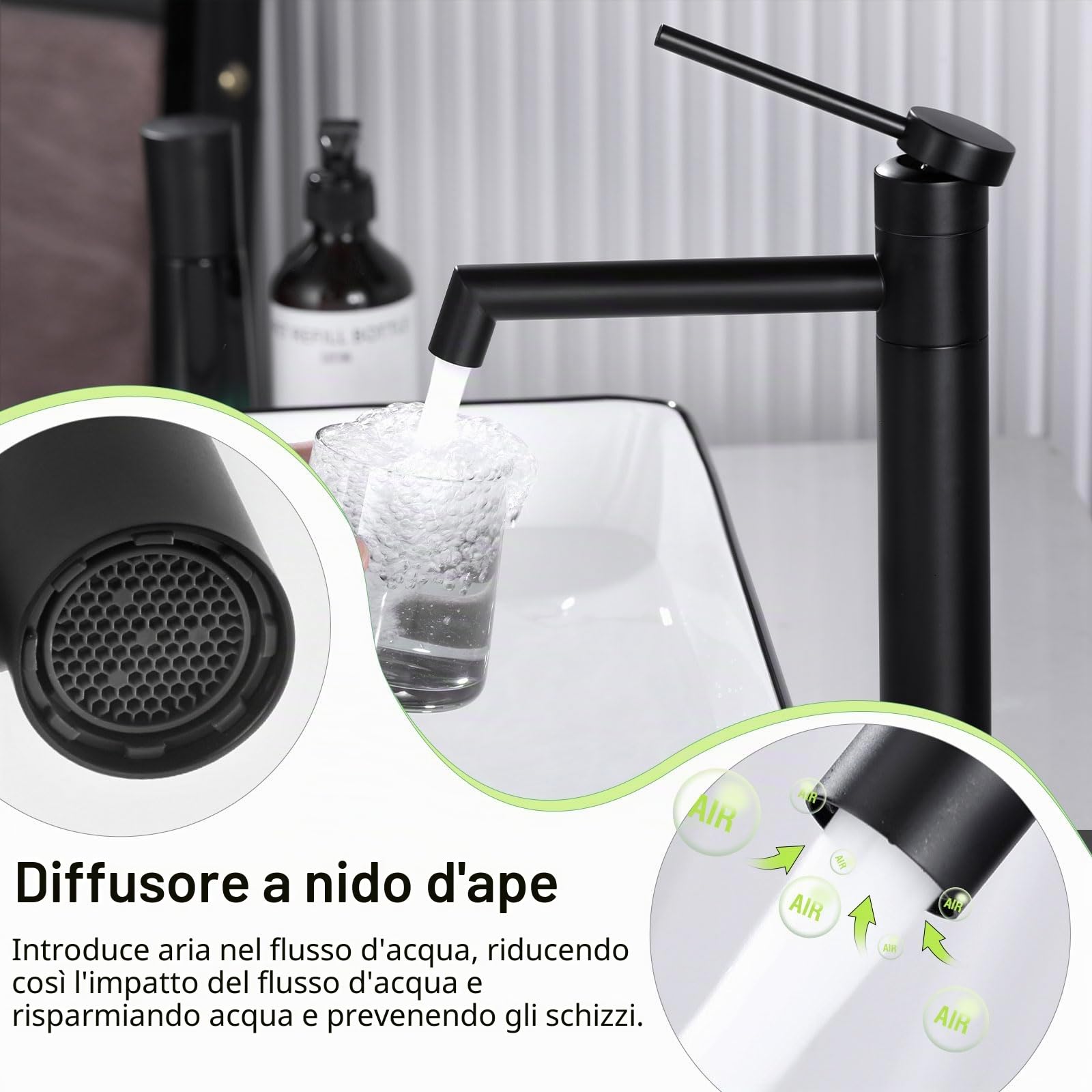Rubinetto Miscelatore Lavabo a 360°, Monocomando per Lavabo e Lavandino, Nero
