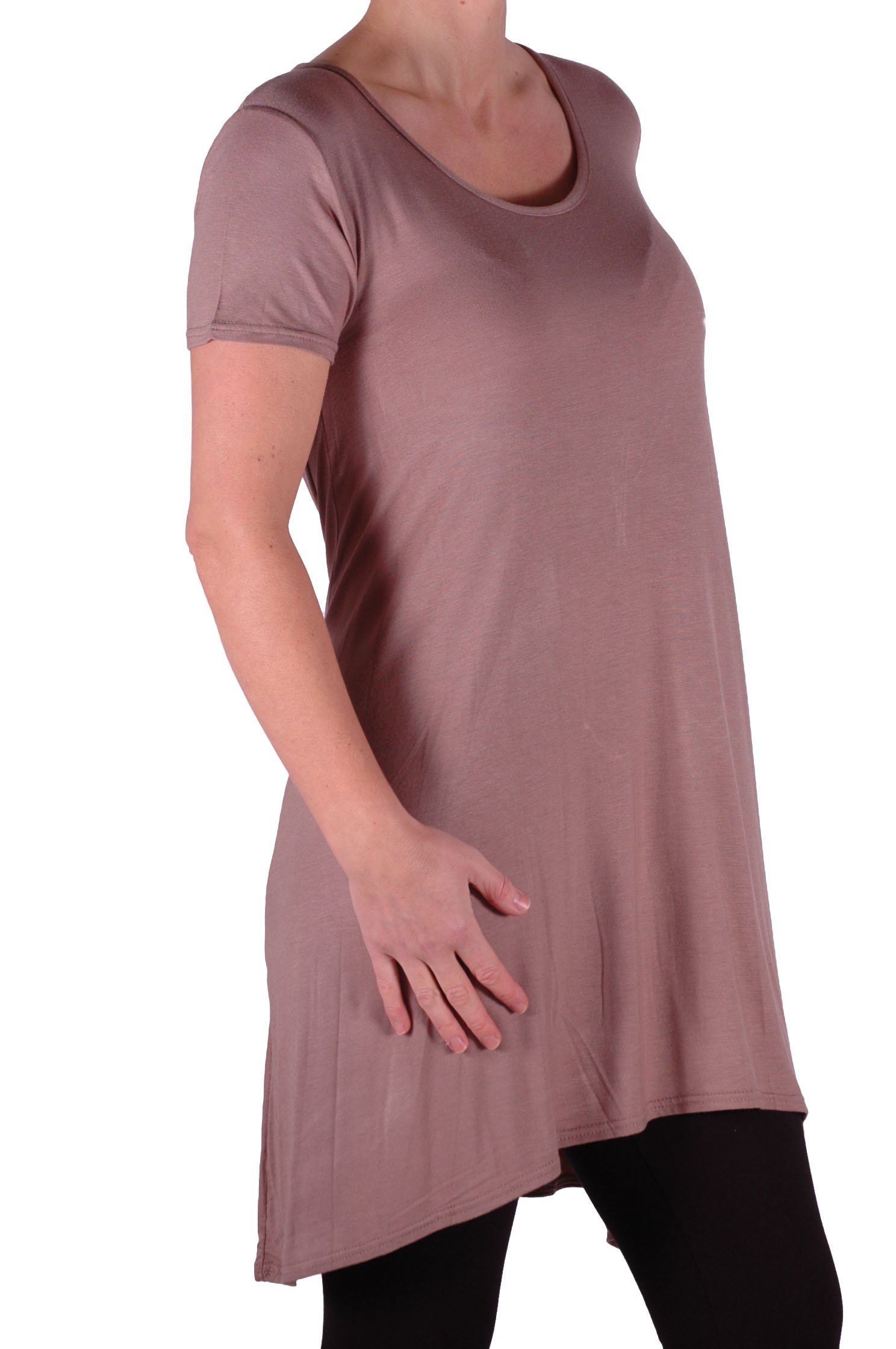 Eye Catch Plus - Plain Long Draped Ladies Scoop Neck Womens Short Sleeve Stretch Top Mocha Size 22-24