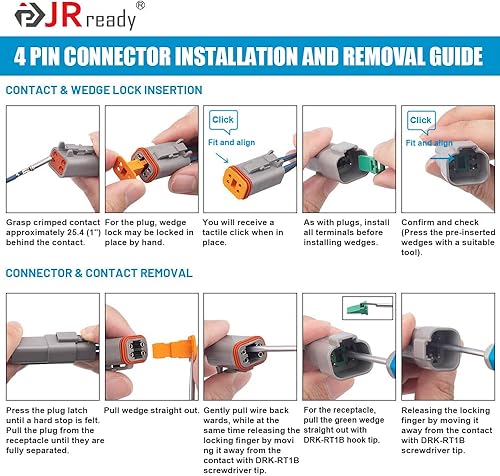Miniatura 6 de JRready ST6327-402 Deutsch DT 4 Pin Conector 8 conjunto, tamaño 16 contactos estampados 14-18AWG, conectores de cable eléctrico automotriz grises.
