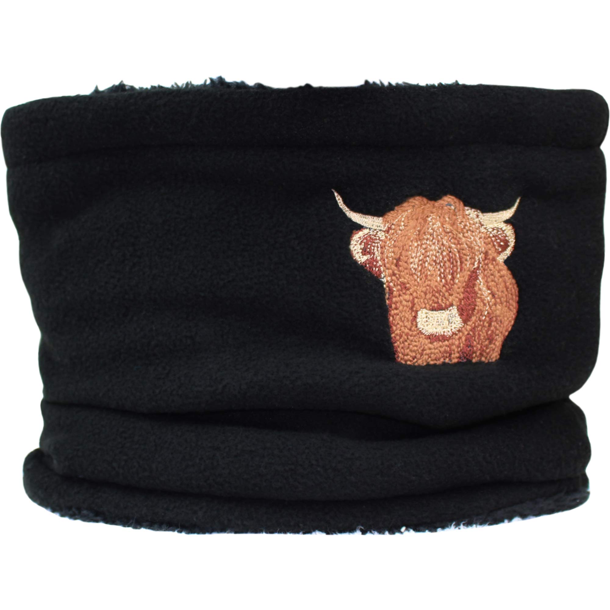 Teddyts Black Embroidered Highland Cow Fleece Snood Scarf