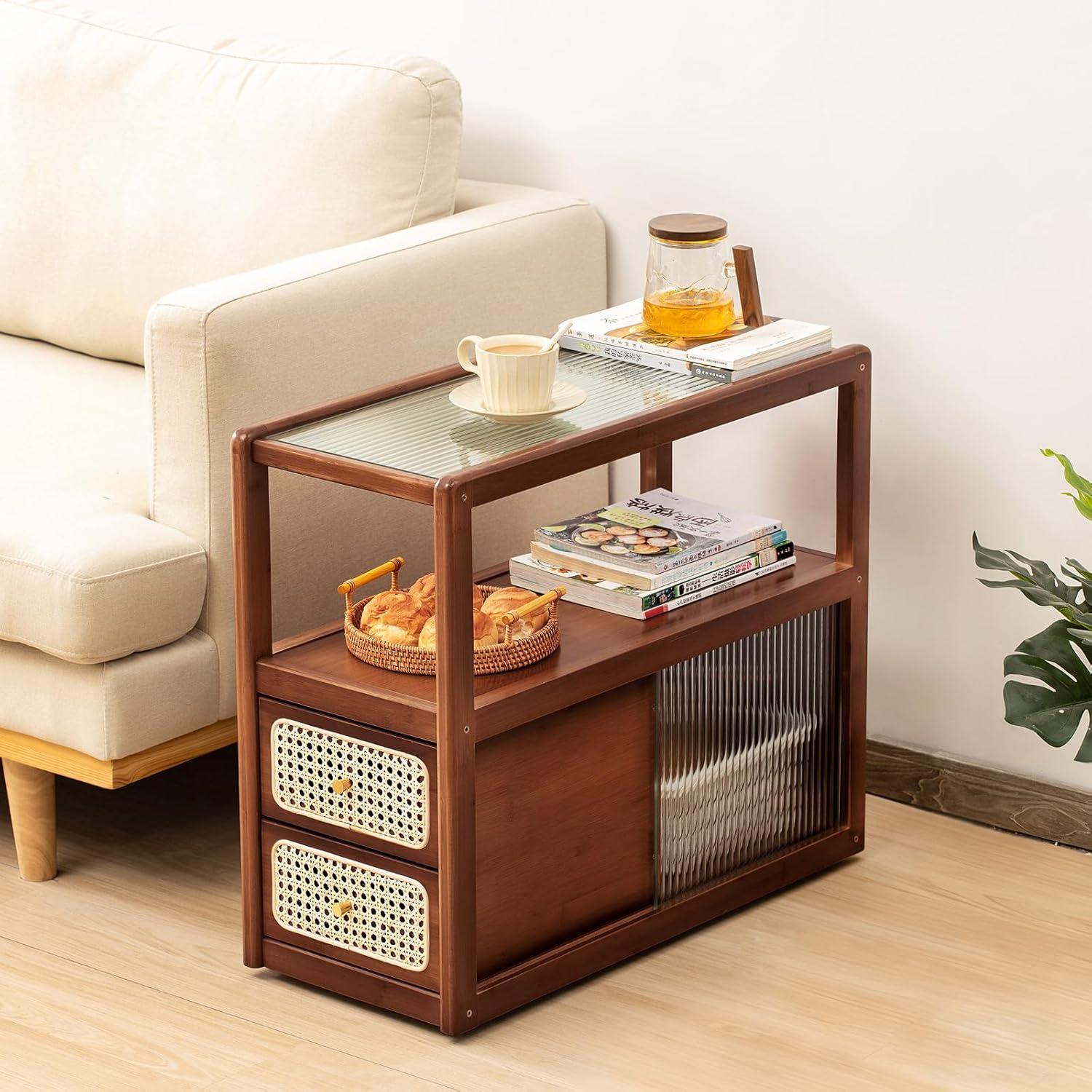Tiita Rattan Nightstand Side Table, Bamboo Accent Bedside Tables, Glass Coffee Tables, Boho Wooden End Table with Storage for Small Space, Living Room and Bedroom