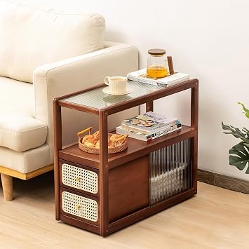 طاولة Tiita Rattan Nightstand الجانبية ، طاولات سرير Bamboo Accent ، طاولات قهوة زجاجية ، طاولة Boho الخشبية مع تخزين للمساحات الصغيرة وغرفة المعيشة وغرفة النوم
