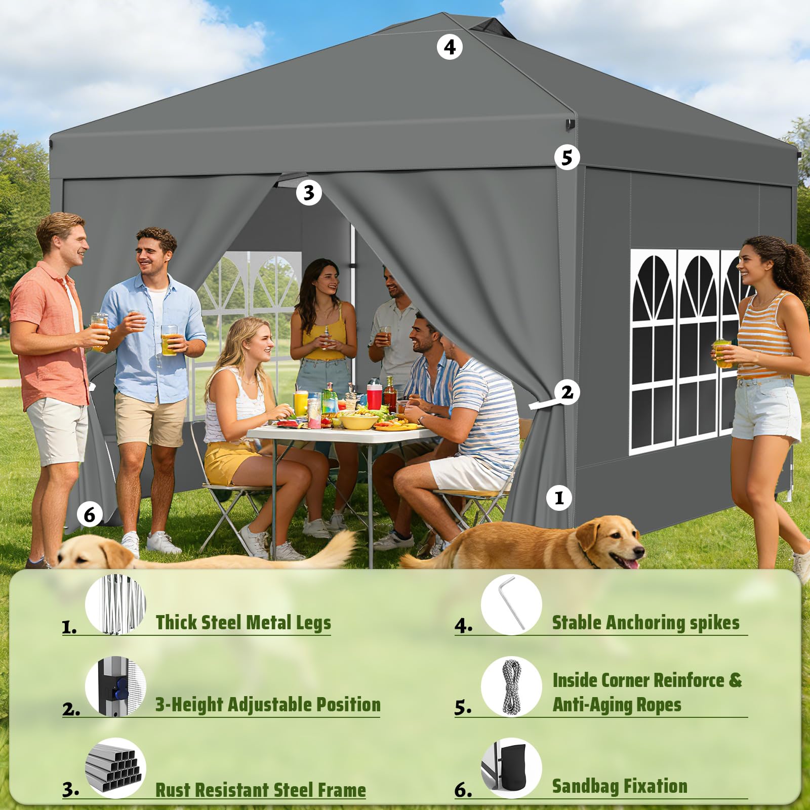 Tonnelle 3x3m Imperméable, Toile PU1500mm & Structure Acier - Tonnelle Pliante Hivernable avec Paroi Latérale & Réglage Hauteur One-Push - (INCL. 4X Sac de Sable & Accessoires,Gris argenté)