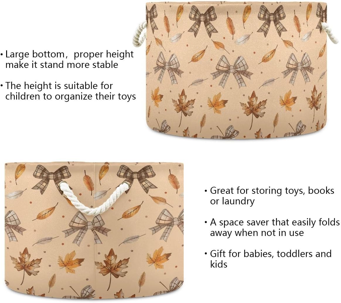 Brown Bow Maple Leaf Pattern Storage Basket Laundry Hamper Canvas Collapsible Organizer Bin with Handle for Clothes Books Decor