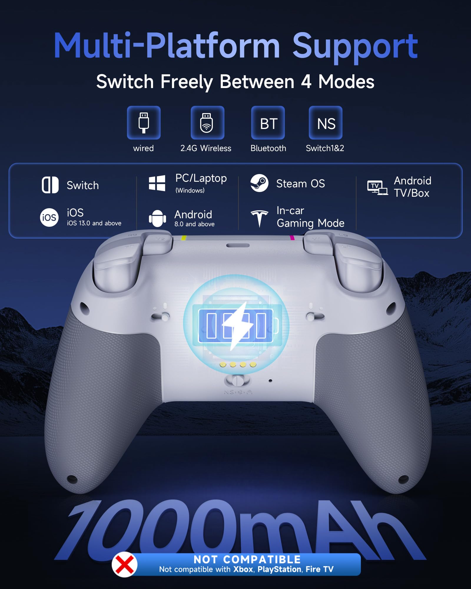 EasySMX X05 Pro Wireless Controller for PC Ergonomic Skin-Like Grip, Quiet-Touch Low-Noise Buttons, 1000mAh Battery, Dual Triggers, Hall Joysticks, 2 Programmable Buttons, RGB, with Charging Stand — view 3
