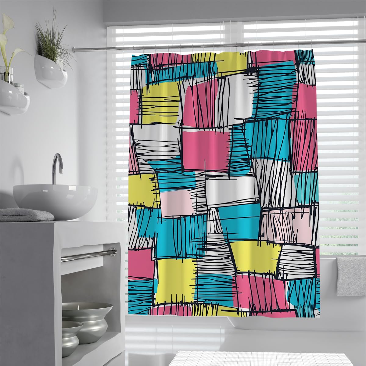 UIRINGART Retro Patchwork Blocks Shower Curtain W200xL200cm Contemporary Abstract Graffiti Grid Pattern Water Repellent Washable Home Hotel Bathroom Screen With Hook
