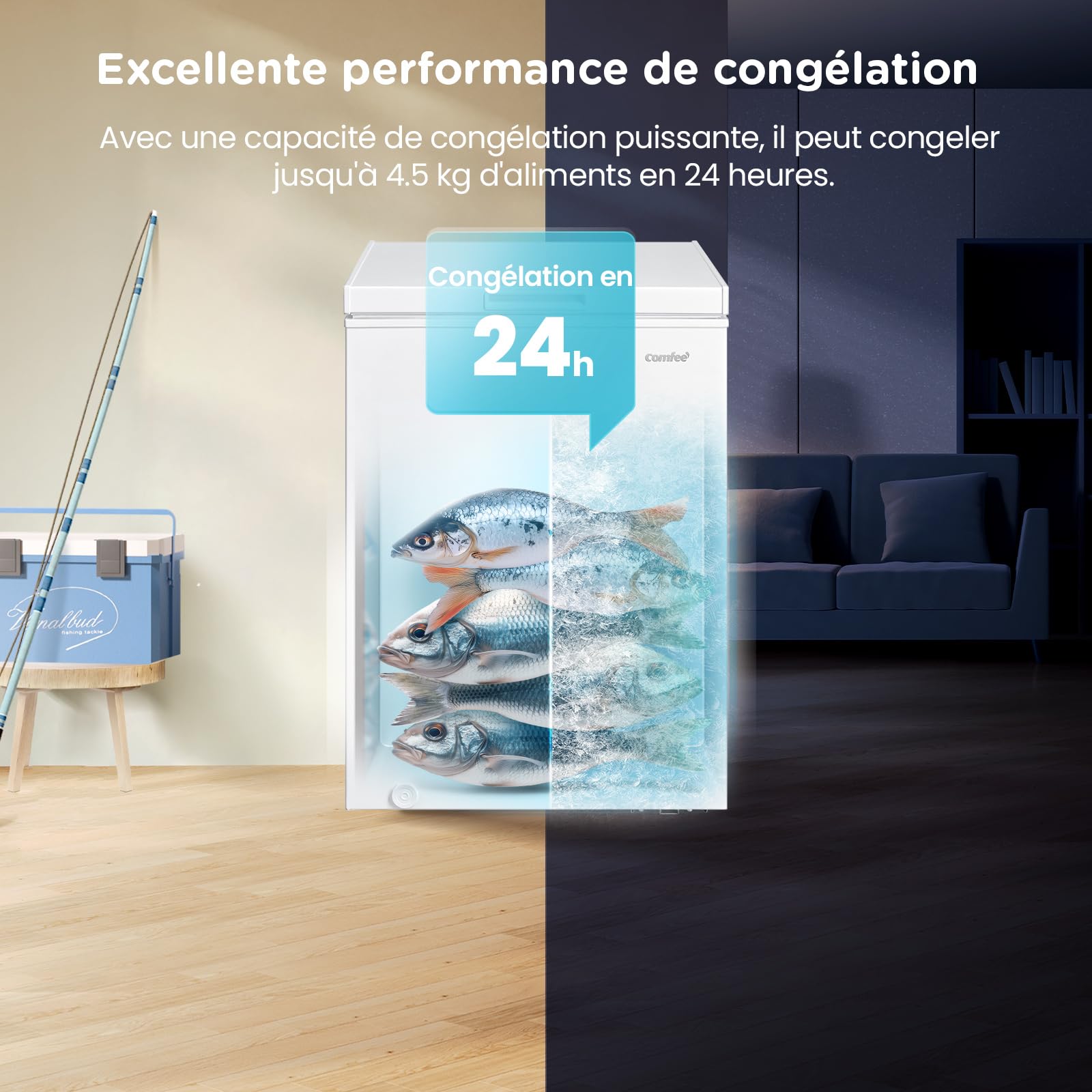 COMFEE' RCC102WH2EU(E) Congélateur coffre 99L, conversion congélateur/réfrigérateur, compresseur inverter, classe 4 étoiles, blanc