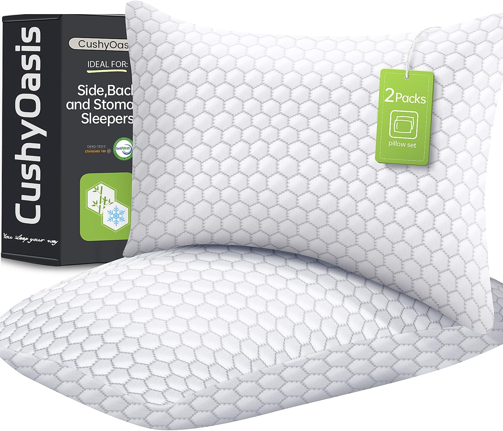 CushyOasis Shredded Memory Foam Pillow for Sleeping, Cooling Bed Pillows Set of 2, Adjustable Pillows for Side, Back, Stomach Sleepers with Washable Pillowcase (Queen Size, Grey)