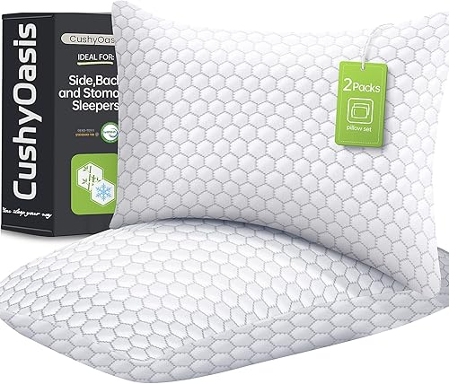 Juego de 2 almohadas de espuma viscoelástica triturada para dormir, almohadas de cama refrescantes, almohadas ajustables para personas de lado,