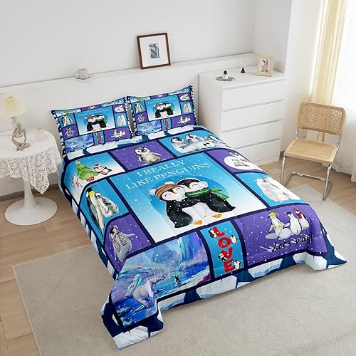 Miniatura 3 de Juego de edredón de pingüinos de dibujos animados para niños, tamaño King, bonito juego de ropa de cama de animales árticos de oso polar, decoración