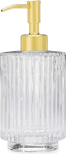 Rail19 Parisian - Dispensador de jabón de vidrio estriado transparente, loción recargable y jabón de manos para cocina y baño, 10 onzas (dorado)