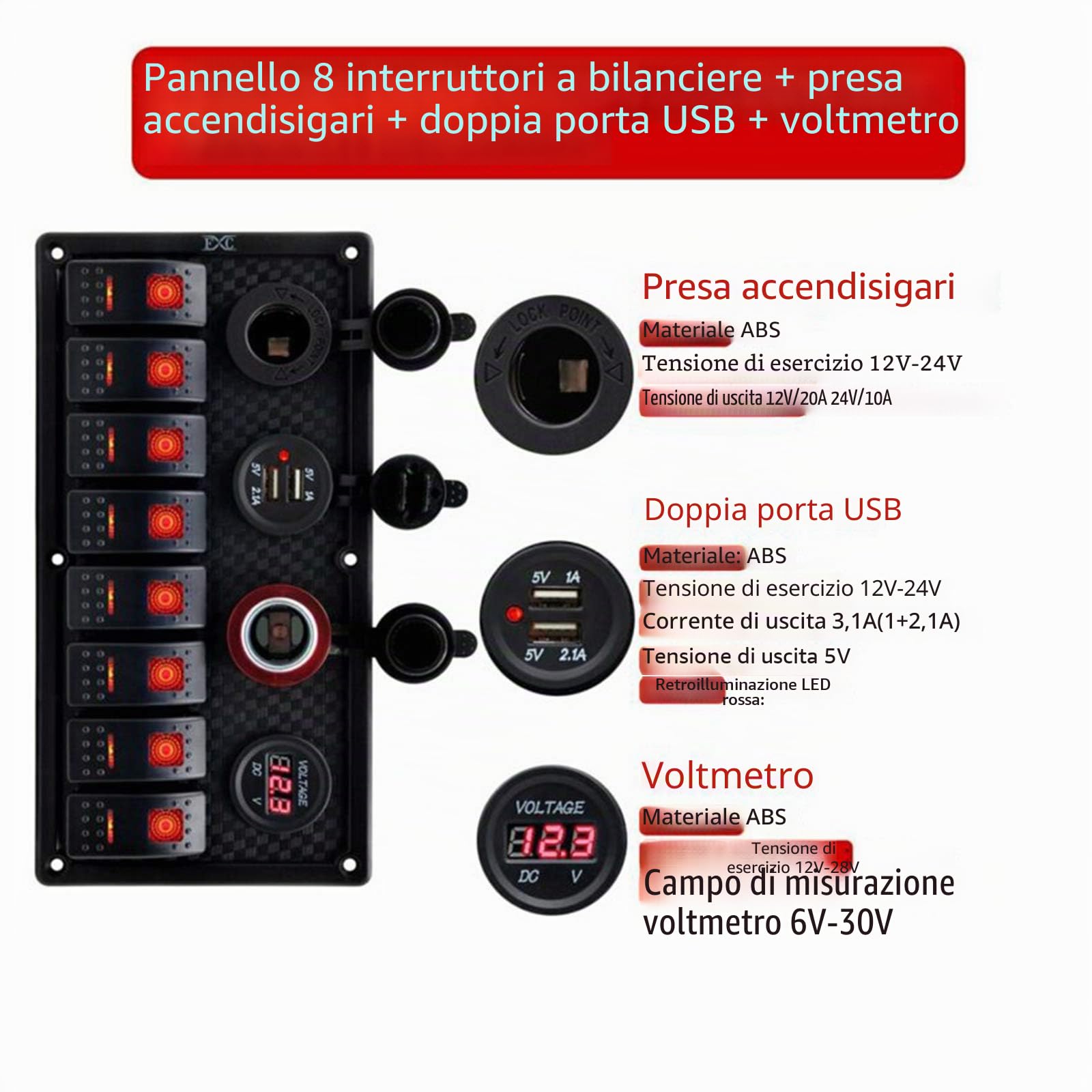 KAOLALI Pannello di Interruttori Basculanti, Pannello Interruttori con 8 interruttori Presa Accendisigari 12V / 24V per Auto Barca e Marina