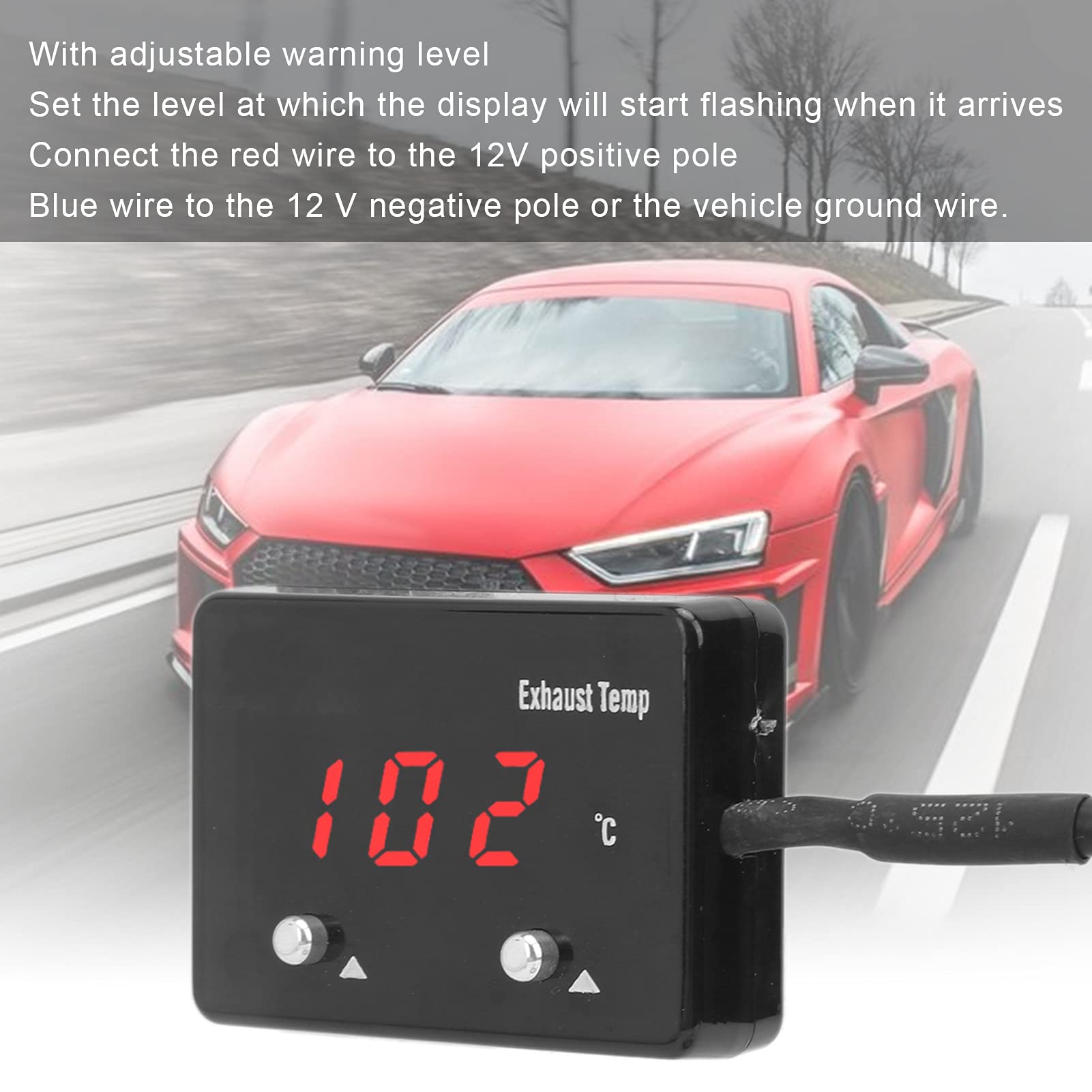 Medidor de temperatura de gas exhuast, Akozon Universal Pantalla digital LED roja Medidor de temperatura de los gases de escape para vehículo de 12V