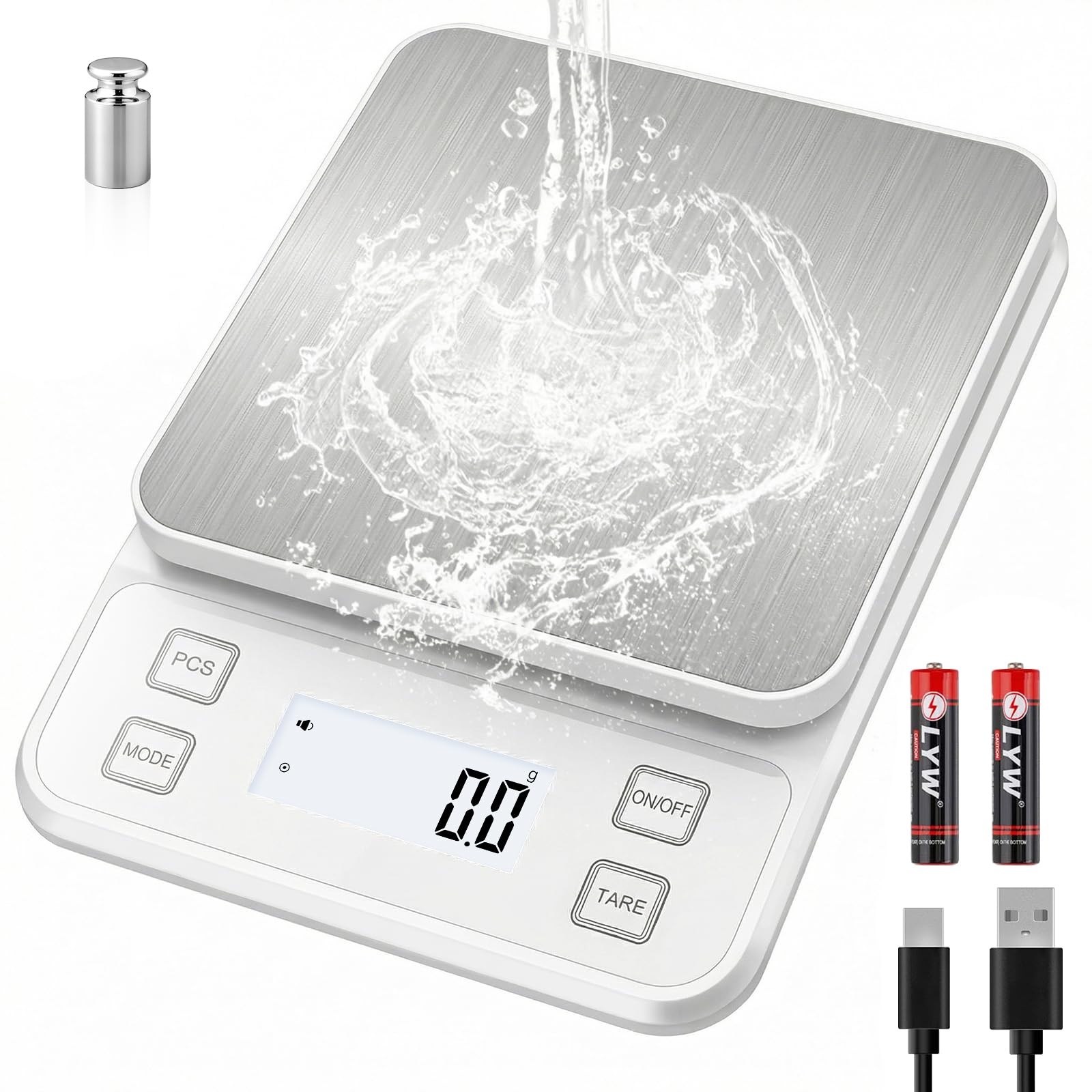 Rechargeable Kitchen Scales, [0.1g/10kg] Diyife IP67 Full Waterproof Food Scales with Adjustable LCD Display, 10 Units, Tare, PCS Counting, 304 Stainless Steel, Wall Mount for Baking Cooking, White