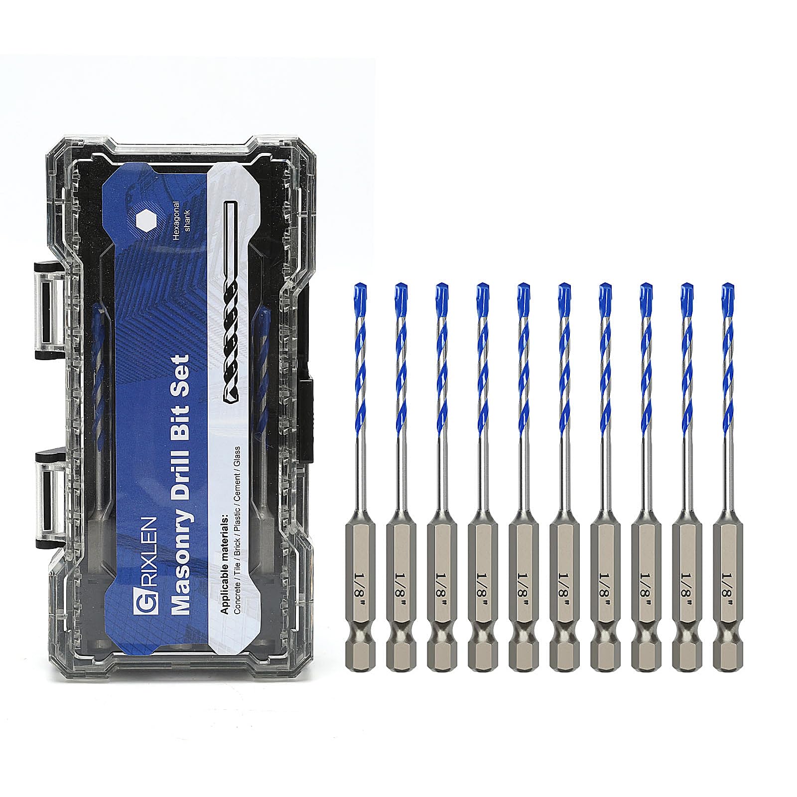 10 Pack 1/8 inch Masonry Drill Bit Set,Concrete Drill Bit Set with Hex Shank,Carbide Tip Drill Bits for Concrete, Cement, Tile,Brick, Plastic and
