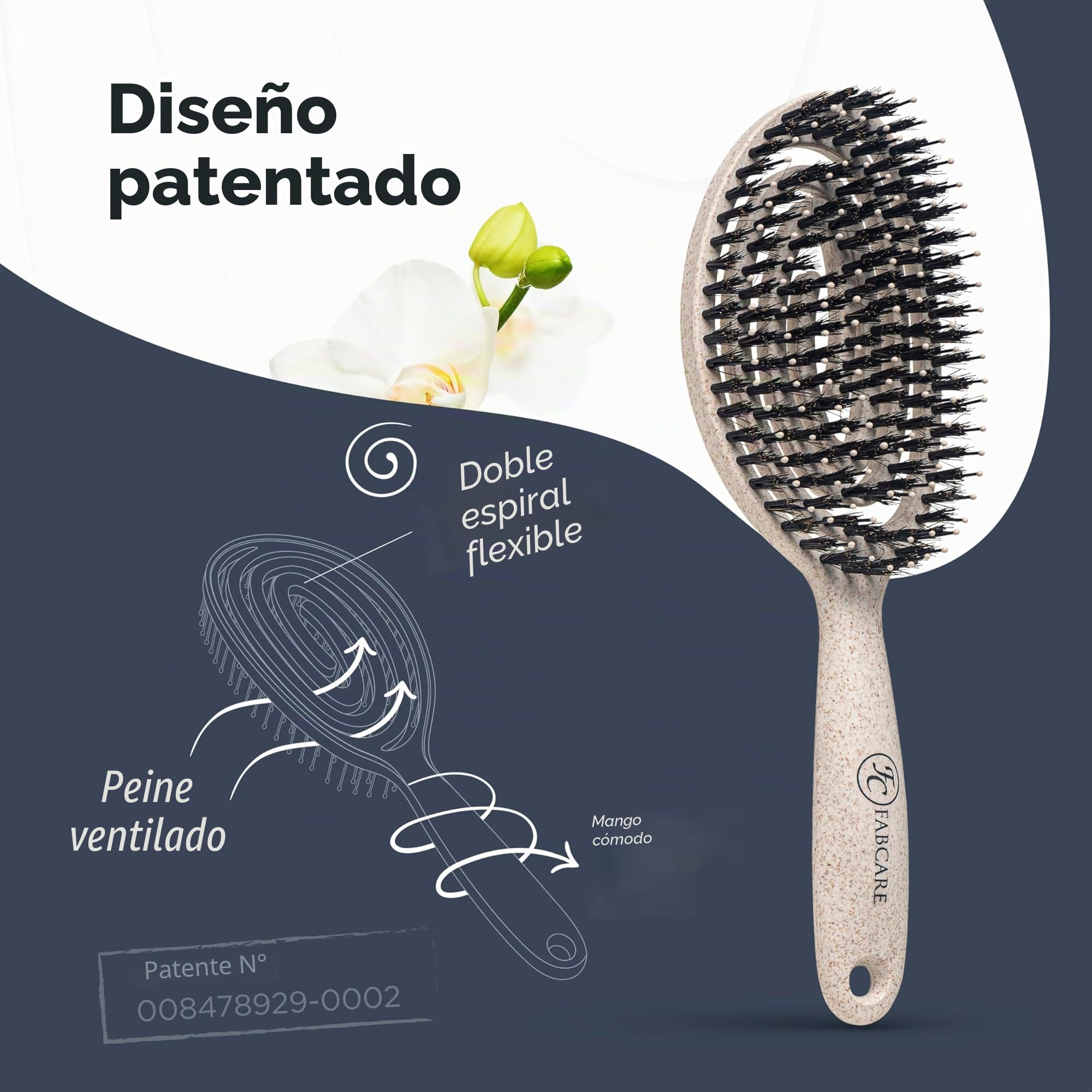 FABCARE Cepillo Cerdas Jabalí, Desenredante Sin Tirones, Peine Antitirones, Pelo Liso y Rizado, Alisador Antirotura Profesional, Ideal para Cuidado Capilar y Estilo Natural (Beige)