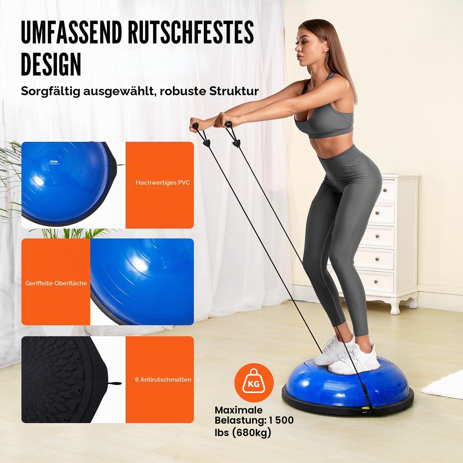 VEVOR Halb-Gymnastikball-Trainer, 66 cm Balance-Ball-Trainer, 680 kg Tragkraft Stabilitätsball, Yoga-Ball mit Widerstandsbändern und Fußpumpe, Kraft-Fitnessball im Heim-Fitnessstudio, Blau