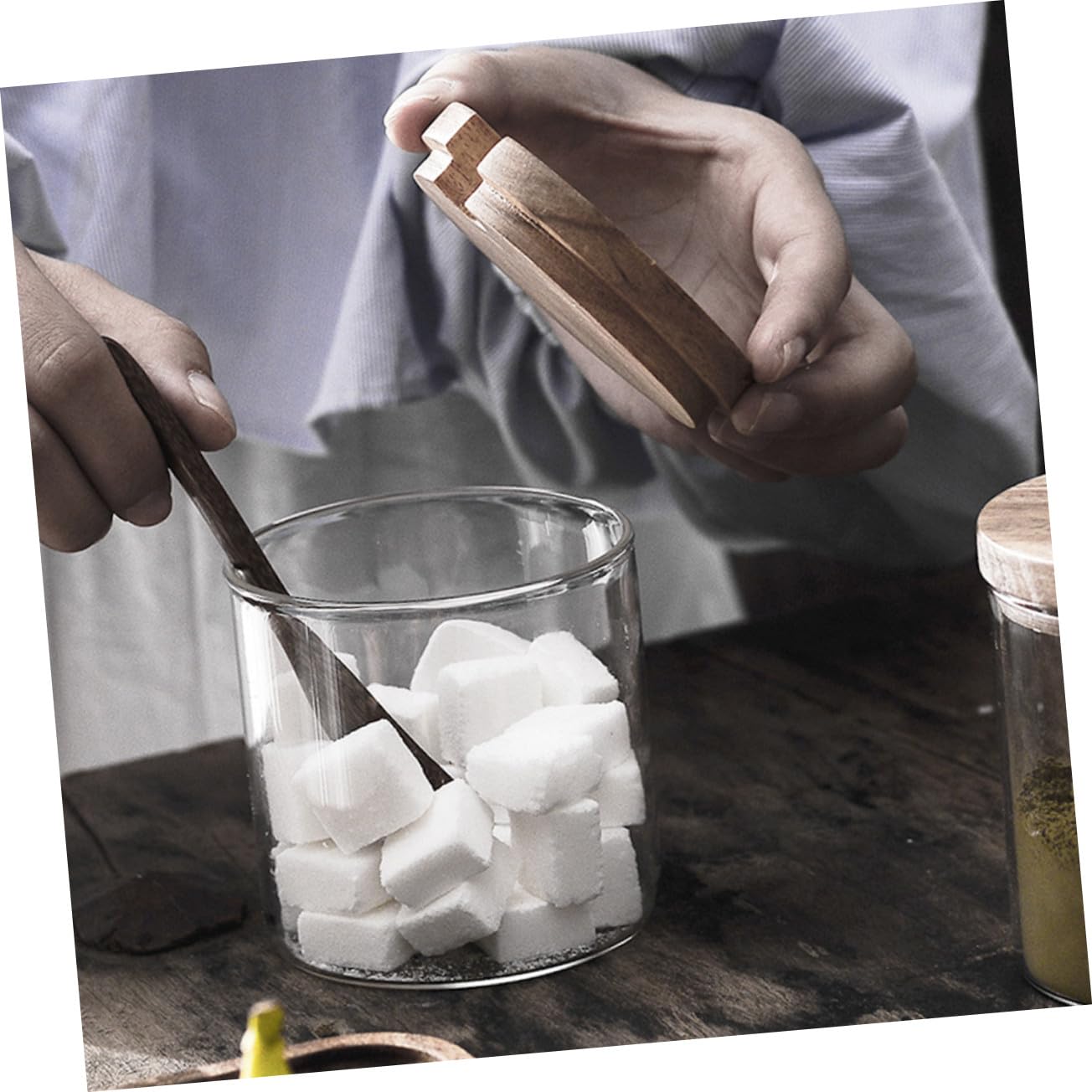NOLITOY Glas Gewürzbehälter Satz Mit Holzdeckel Und Löffel Klares Vorratsglas Für Salz Pfeffer Zucker Multifunktionaler Gewürzaufbewahrungshalter Für Haushalt Und Küche
