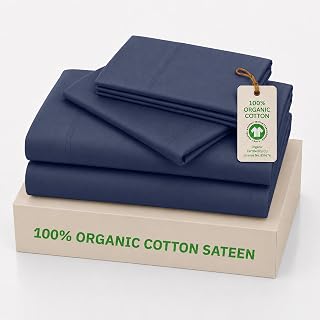 California Design Den 100% Organic Cotton Sateen Full Bed Sheets Set, Navy | GOTS Certified, Lightweight Soft & Breathable For Hot Sleepers, 15" Deep Pocket, All-around Elastic, Durable, 4pc Set GH Seal - Amazon product rated Grade B