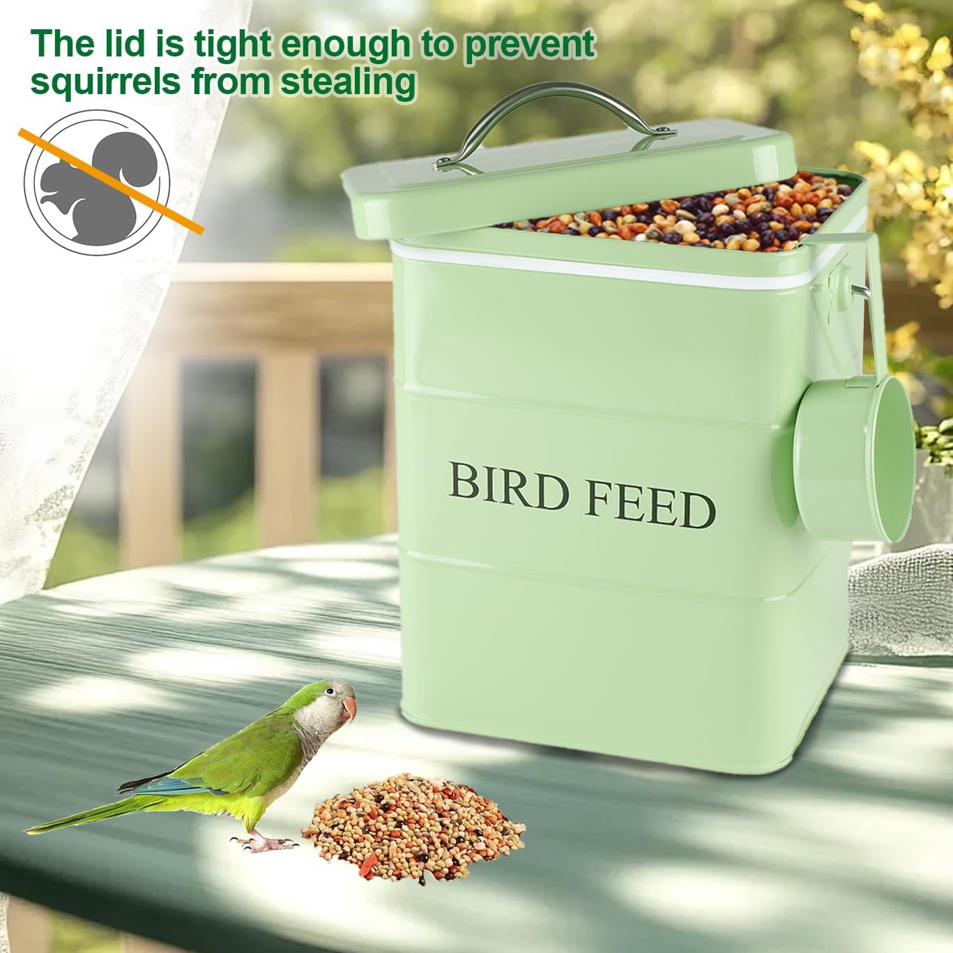 Bird Seed Storage Container Airtight,5~6LB Metal Bird Food Container with Scoop,Wild Bird Seed Tin for Storing Sunflower Seed-Ideal for Outdoor or Indoor-Squirrel proof -Green