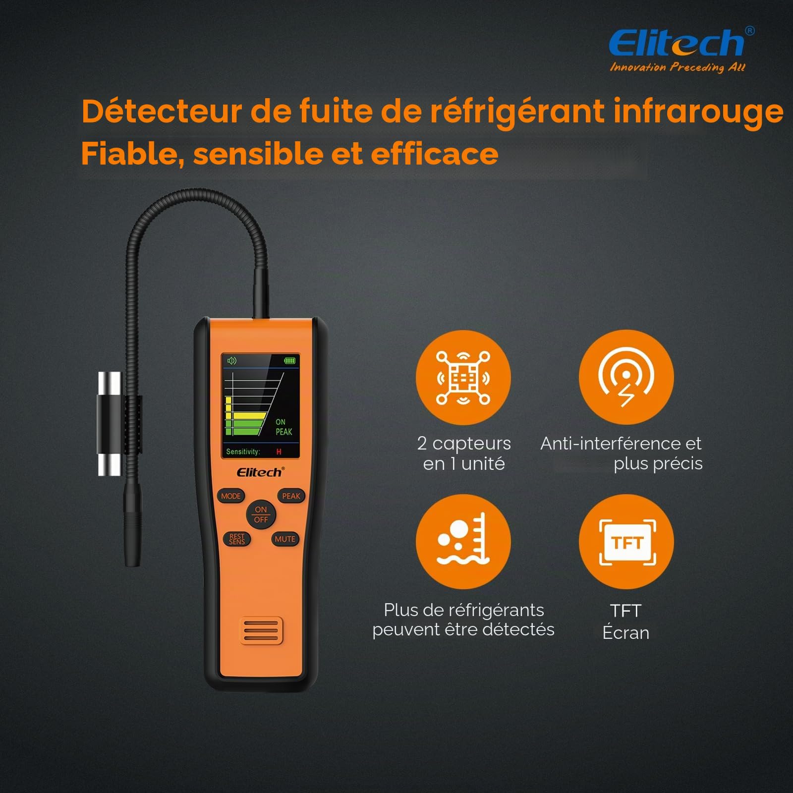 Elitech IR-200 Détecteur de Fuite de Réfrigérant Capteur Double Infrarouge et Diode Chauffée 2-en-1 Testeur de Fuite Halogène Haute Sensibilité Boîtier Portable 10 Ans de Vie