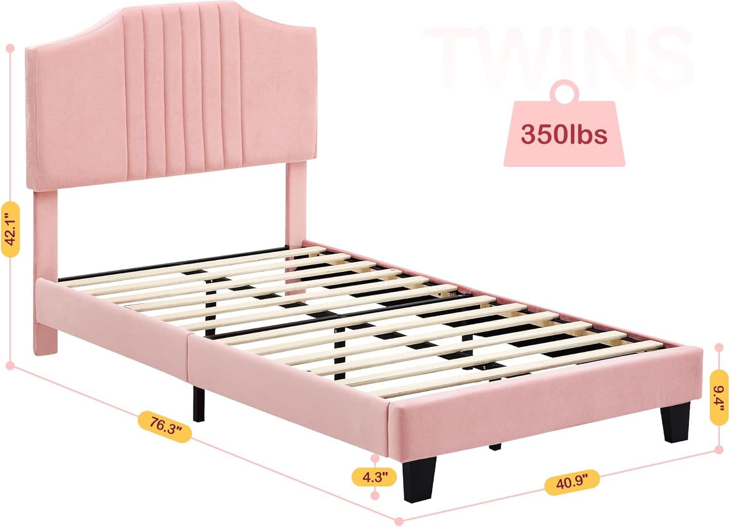 IDEALHOUSE Twin Bed Frame Upholstered Platform with Headboard, Strong Frame and Wooden Slats Support, Velvet Fabric Wrap, Non-Slip and Noise-Free,No Box Spring Needed, Easy Assembly, Light Pink
